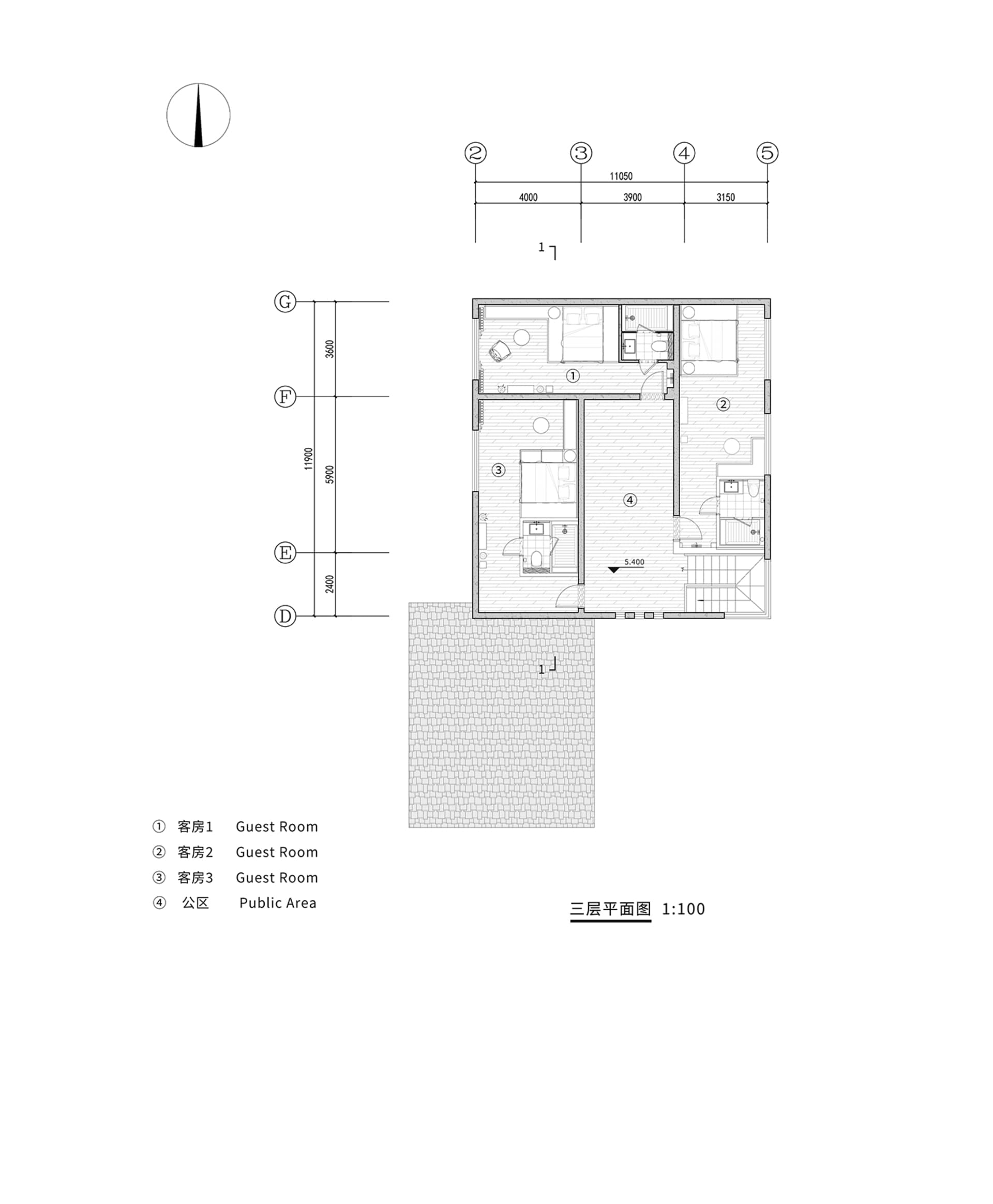 黑白房間的佈局圖，清晰標示房間名稱和尺寸，包含客房、浴室和客廳