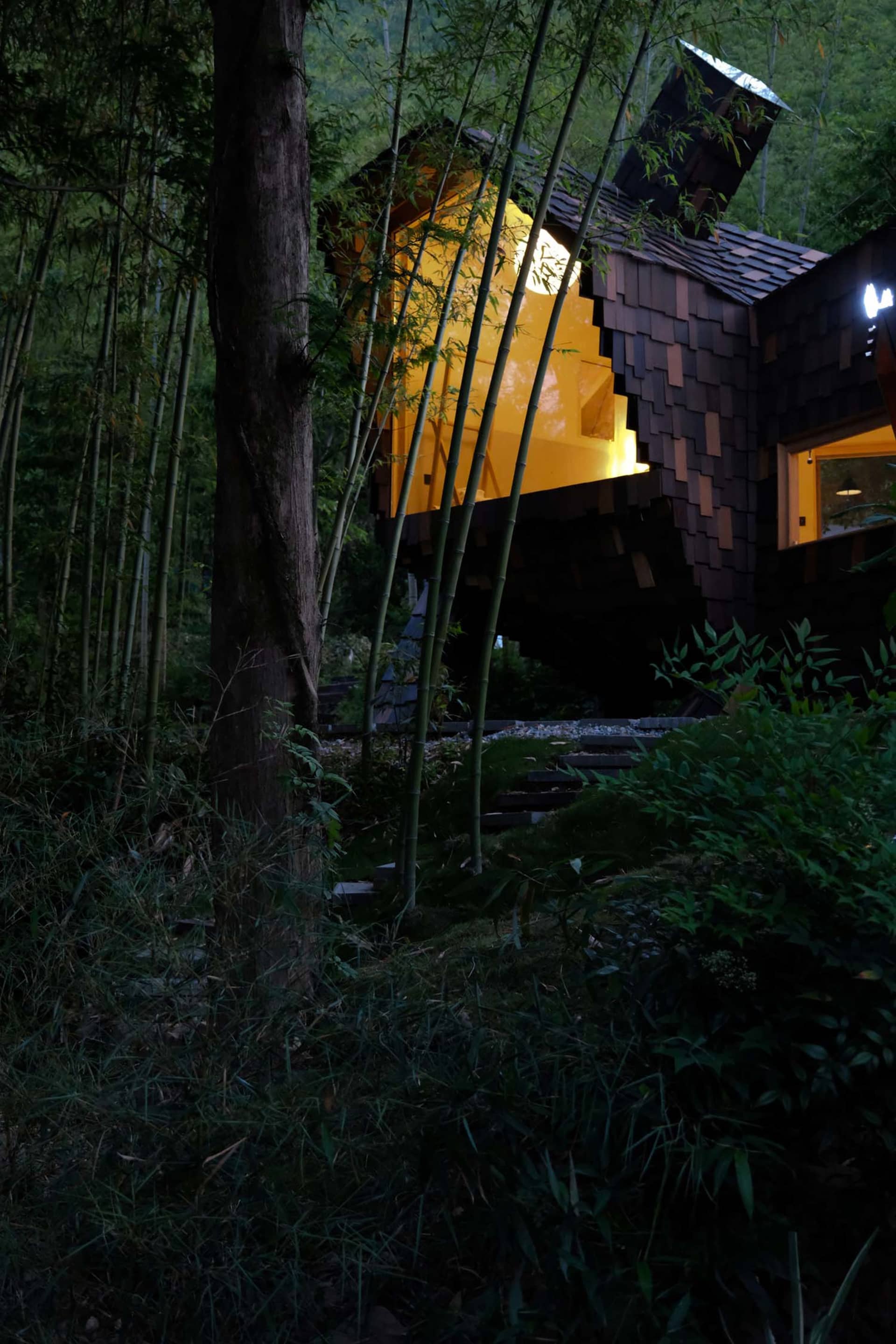 A modern house with a unique roof design, surrounded by a forest, featuring a large window and natural light, with a warm and rustic wood construction