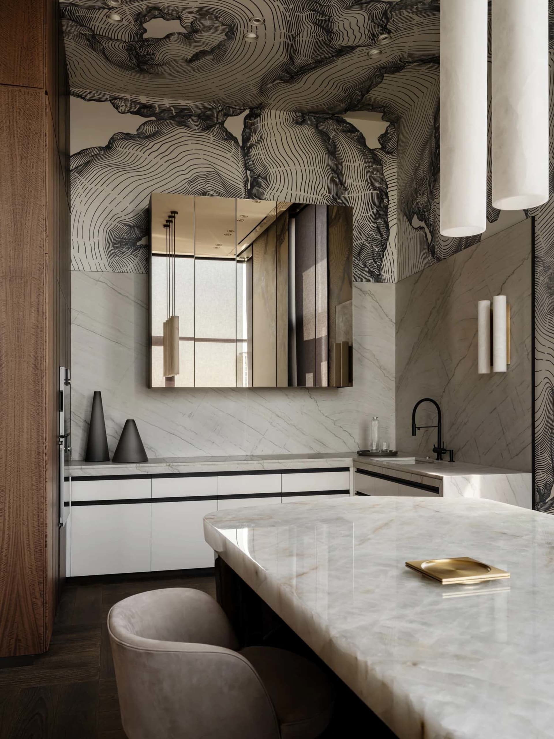 A modern bathroom with a white marble countertop and a large reflective mirror, surrounded by natural light and high-quality materials