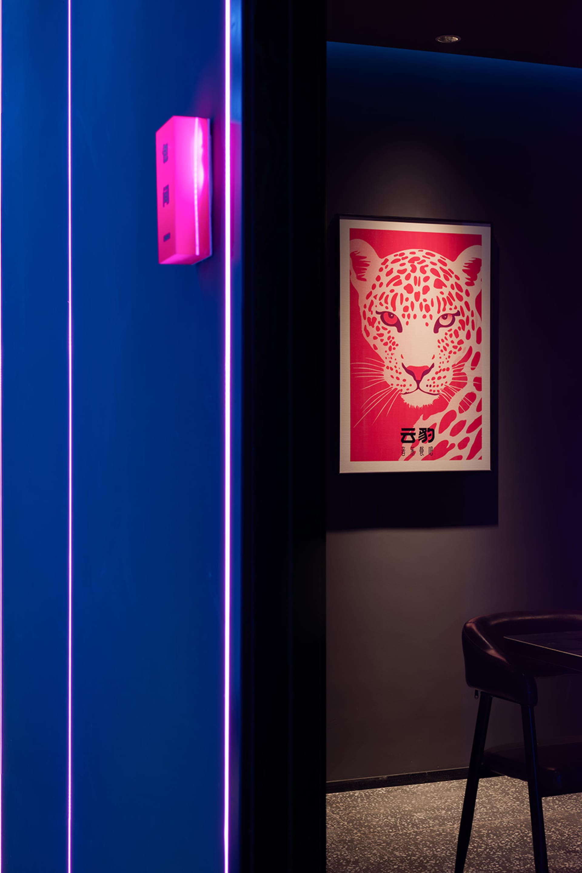 A living room with a leopard print wall, purple lighting, and a chair and couch, creating a visually interesting and stylish space