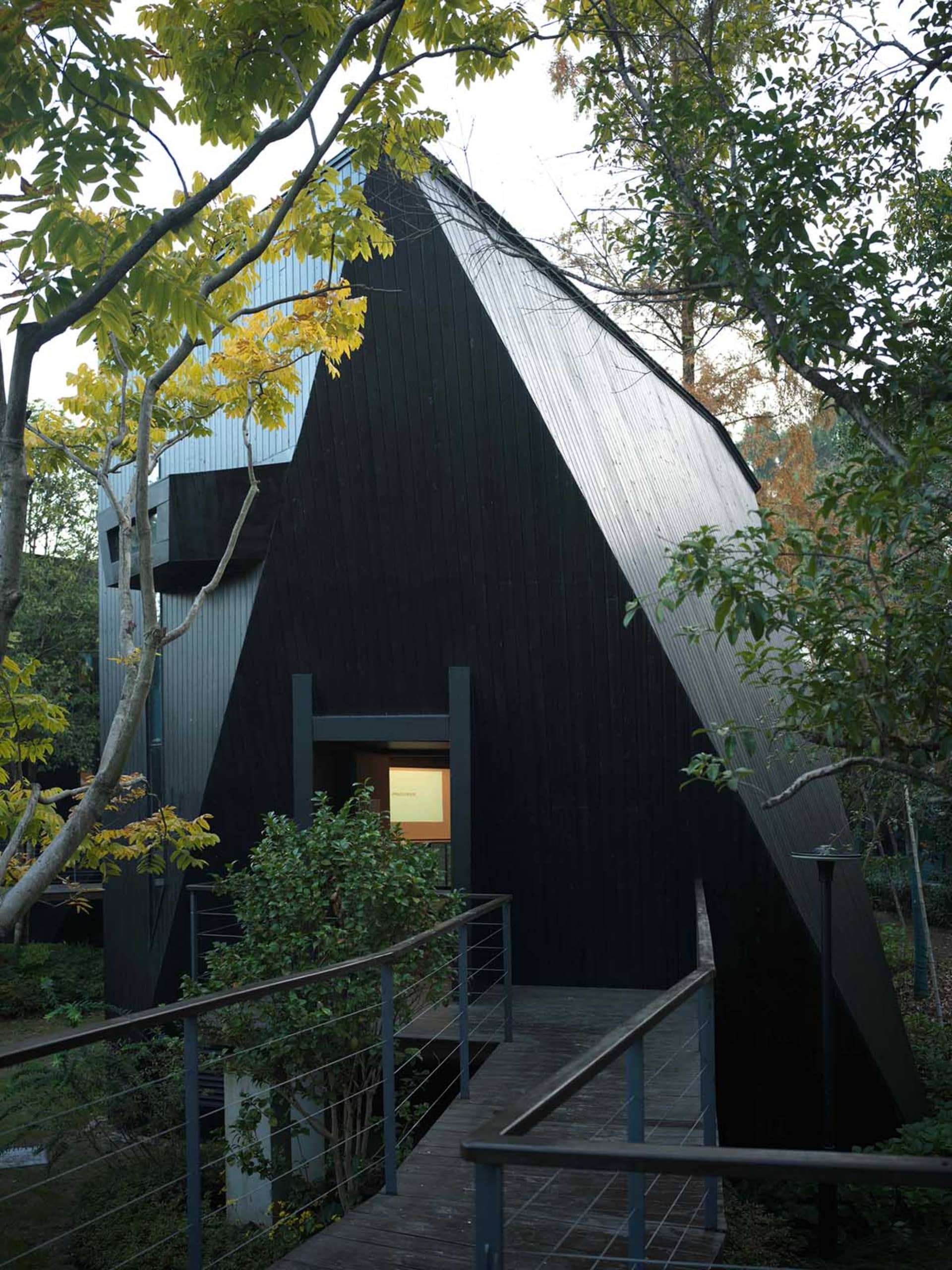A black and white photograph of a modern house with a triangular shape, surrounded by trees, showcasing its architectural features and natural environment