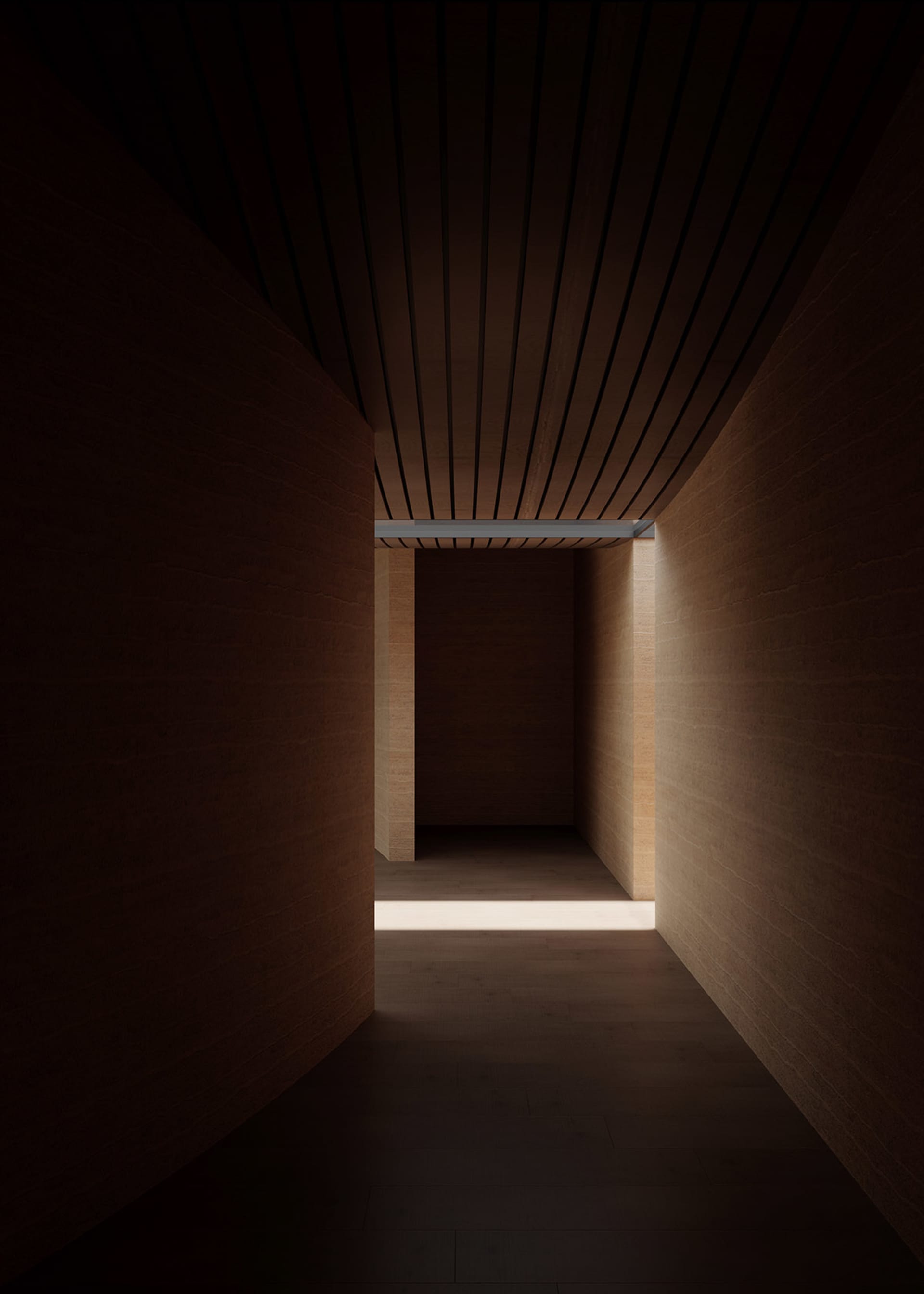 Dark, narrow hallway with a wooden floor and walls, minimal lighting, and an empty space