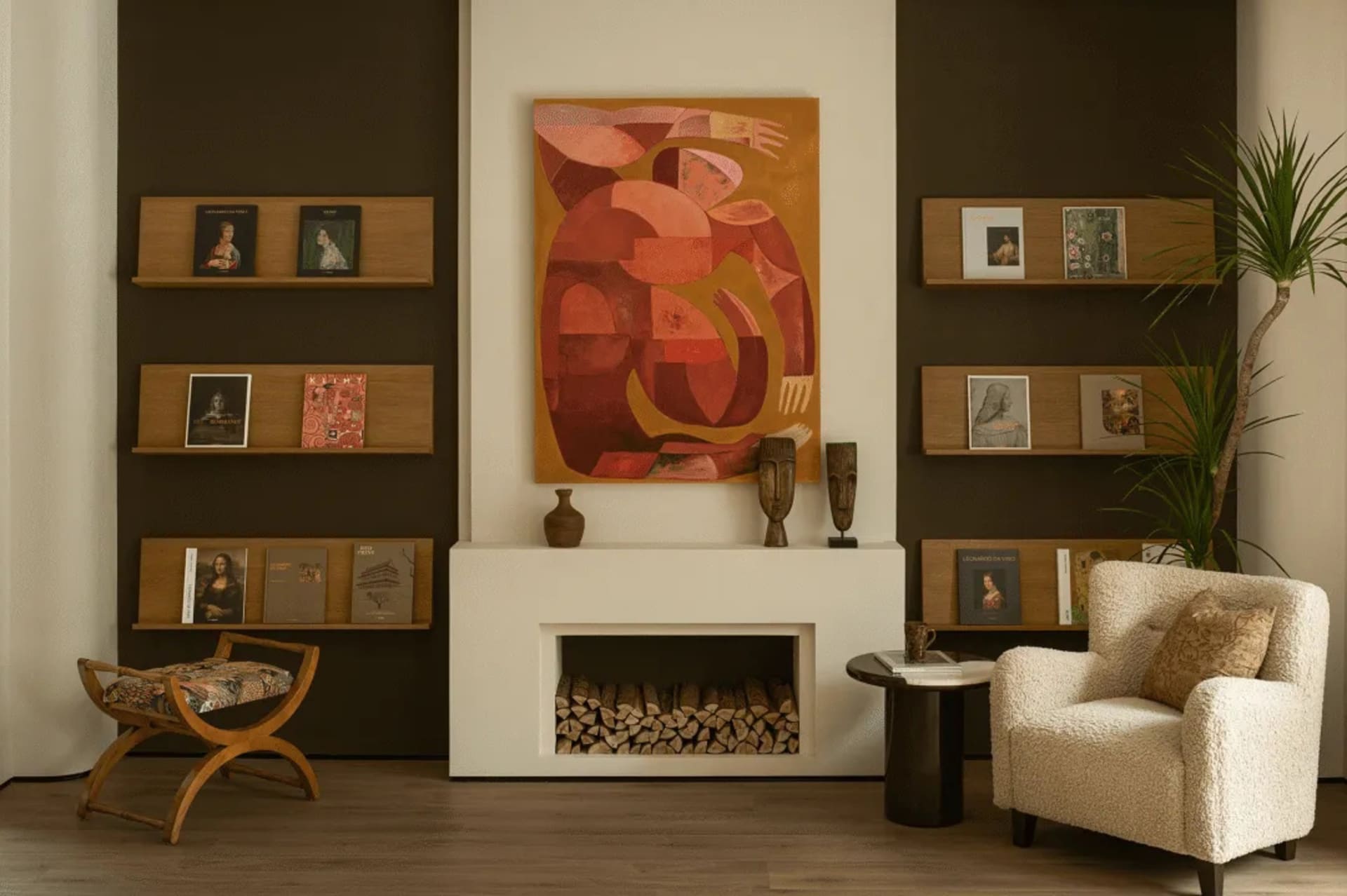 Cozy modern living space with a white fireplace, wooden bookshelf, and comfortable seating options, well-lit and inviting