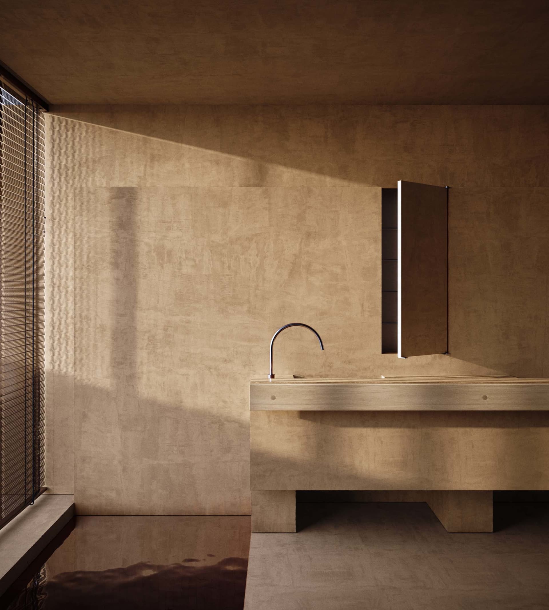 Bathroom with a wooden sink under a mirror, brown color scheme, and dim lighting creating a warm and cozy atmosphere