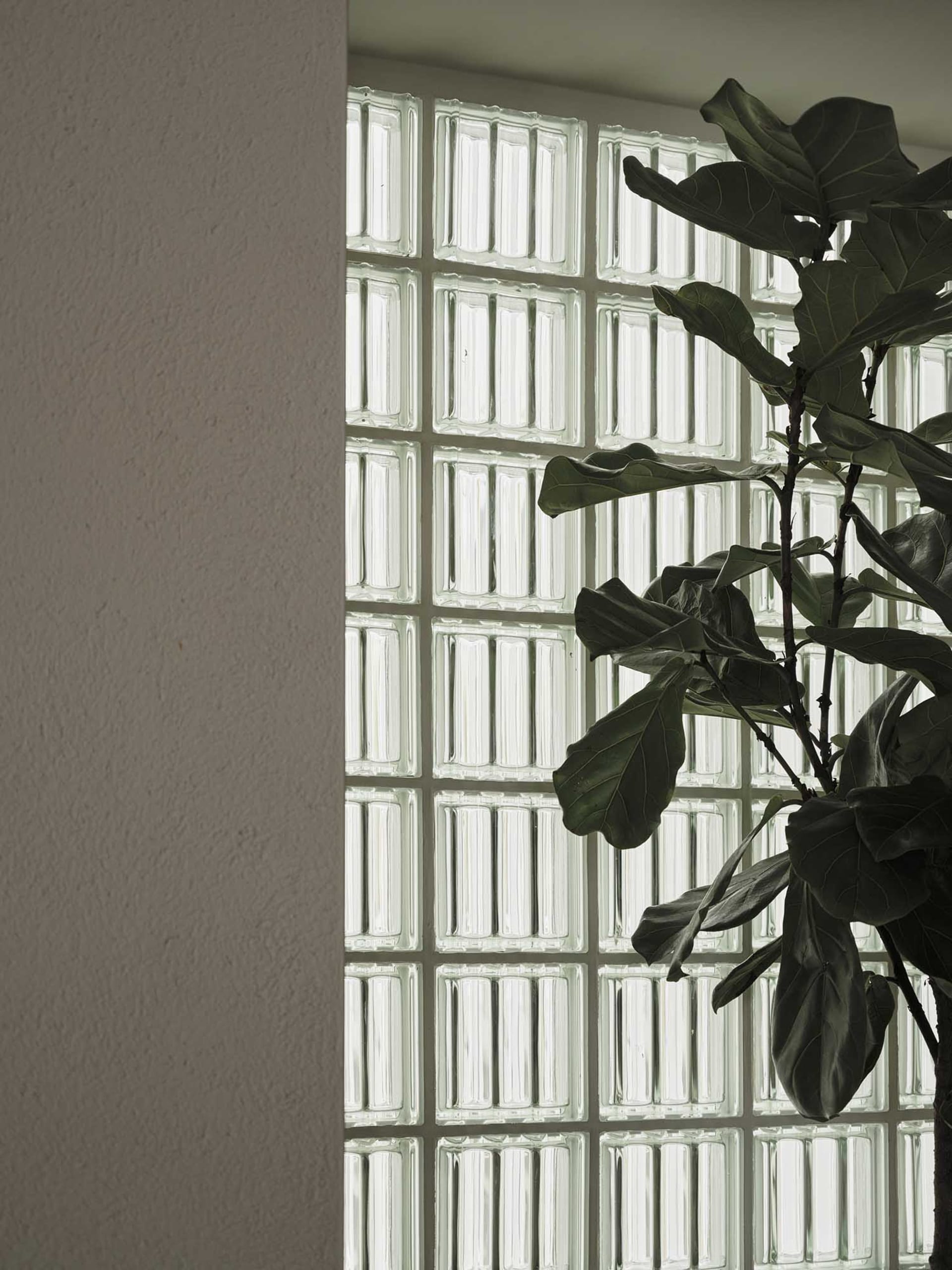A cozy room with a large window, a potted plant, and natural light
