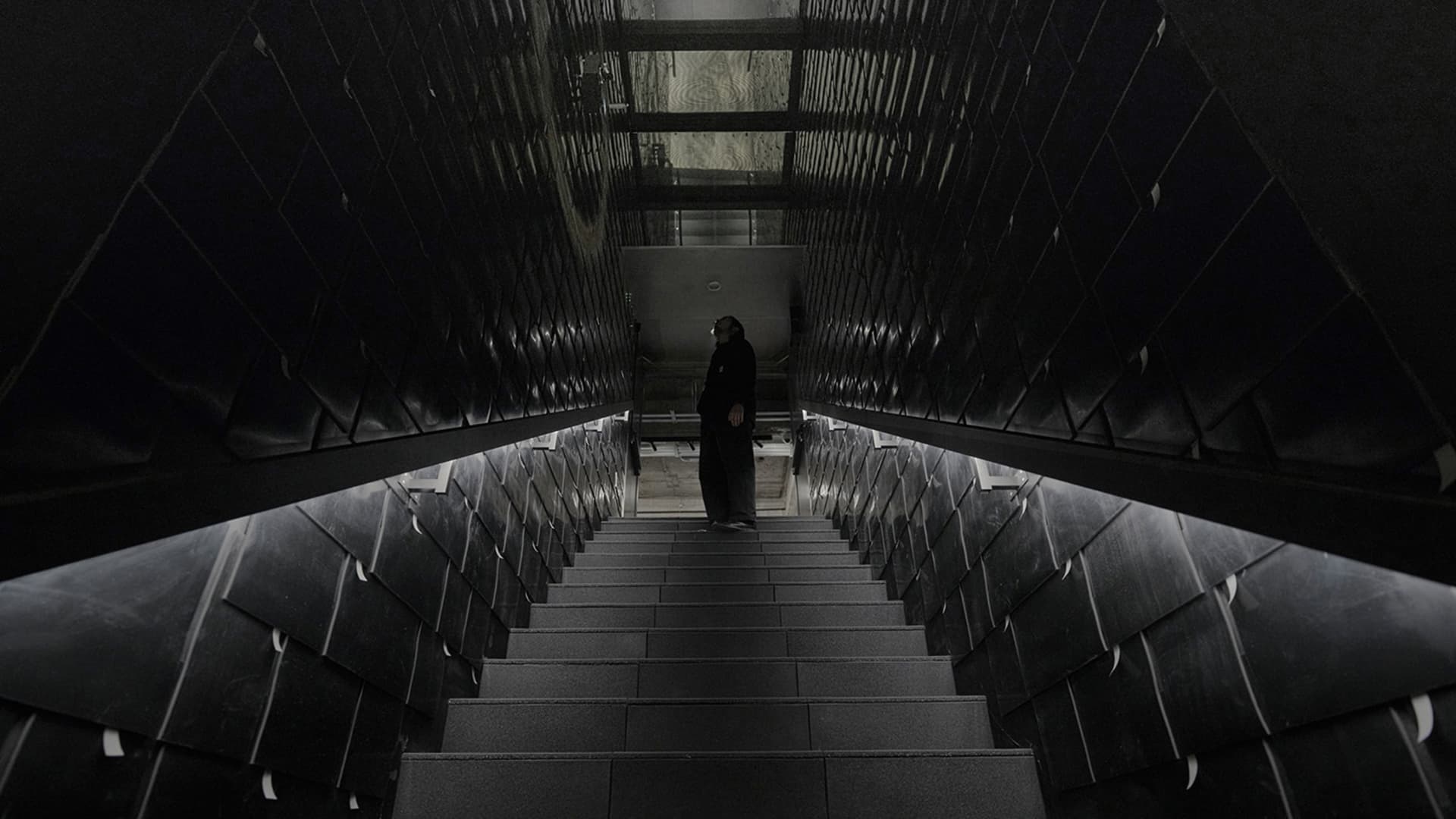 A black and white photograph of a stone staircase with a metal railing in a dimly lit area, captured from the bottom looking up