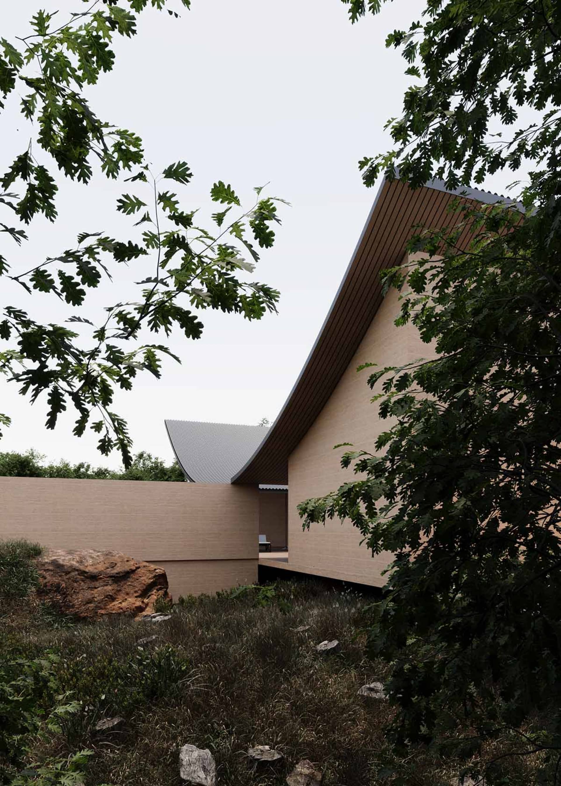 一個清幽的建築，充滿了樹木，結合木質與金屬材料