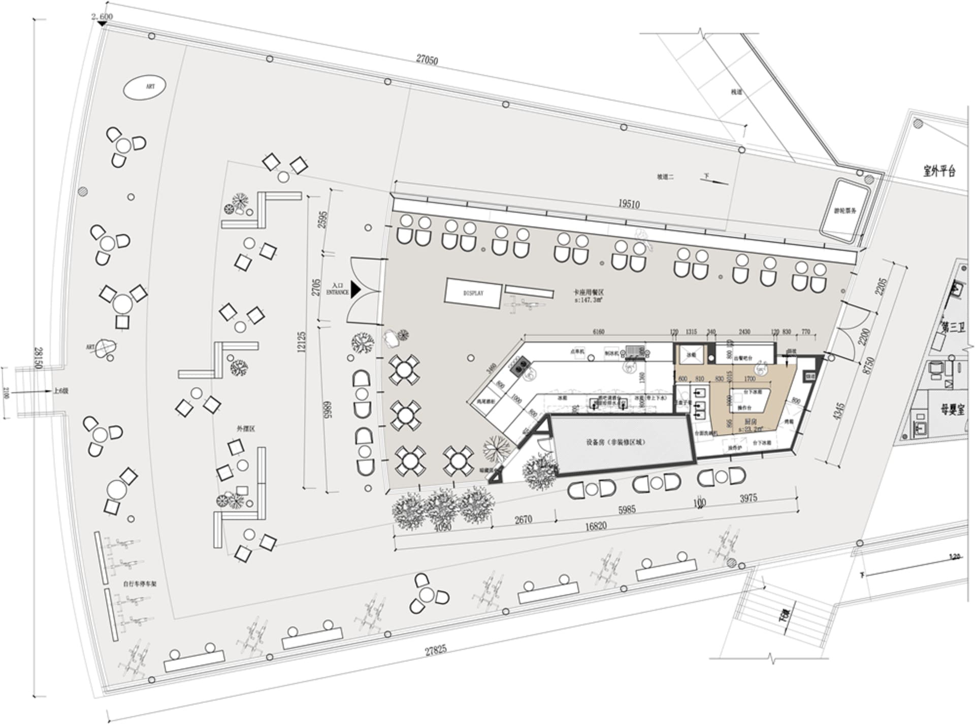 Detailed floor plan of a modern dining and kitchen area with tables, chairs, and well-planned lighting