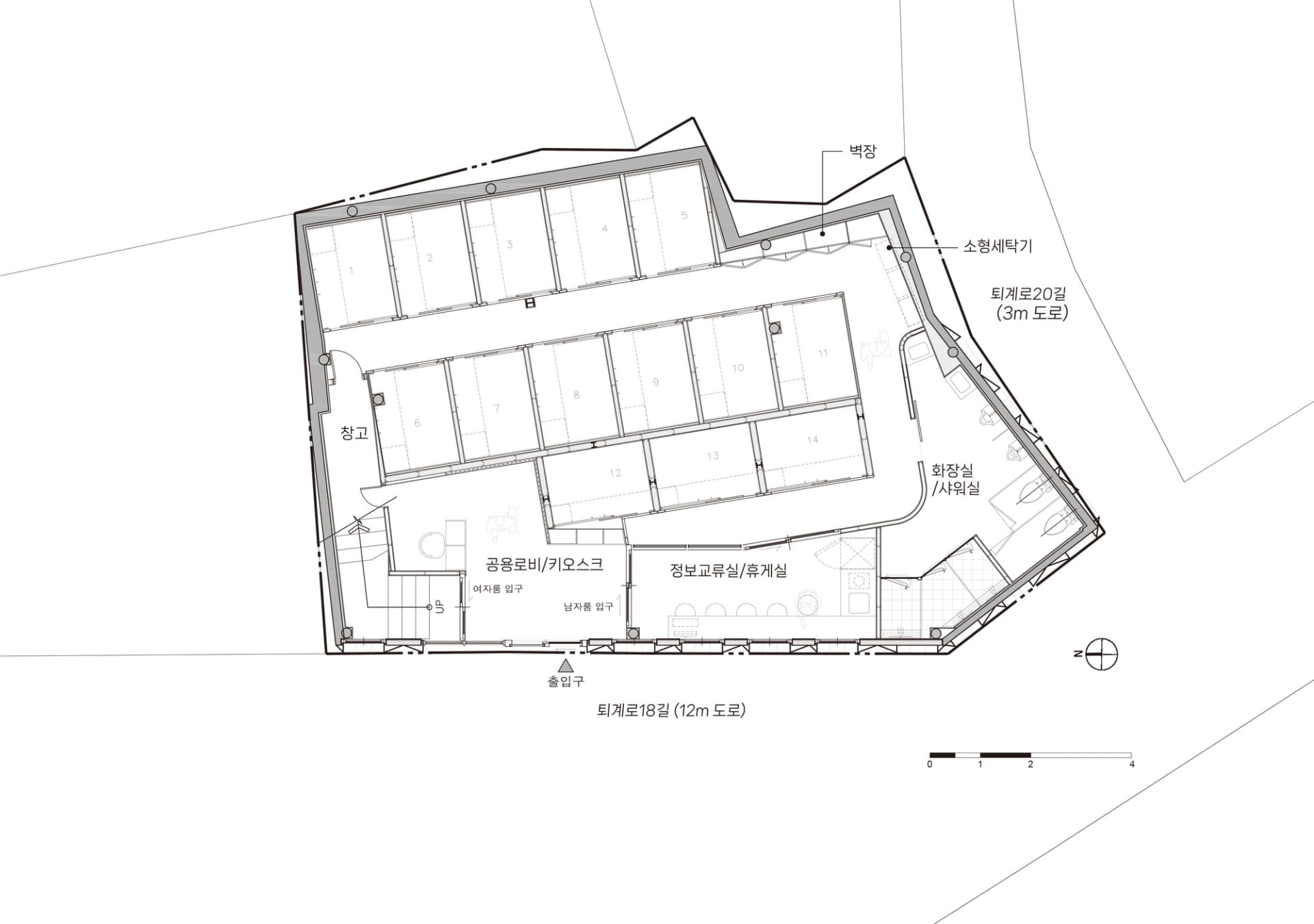 A modern office building floor plan with a large central room and smaller rooms surrounding it, drawn in black and white with dim lighting