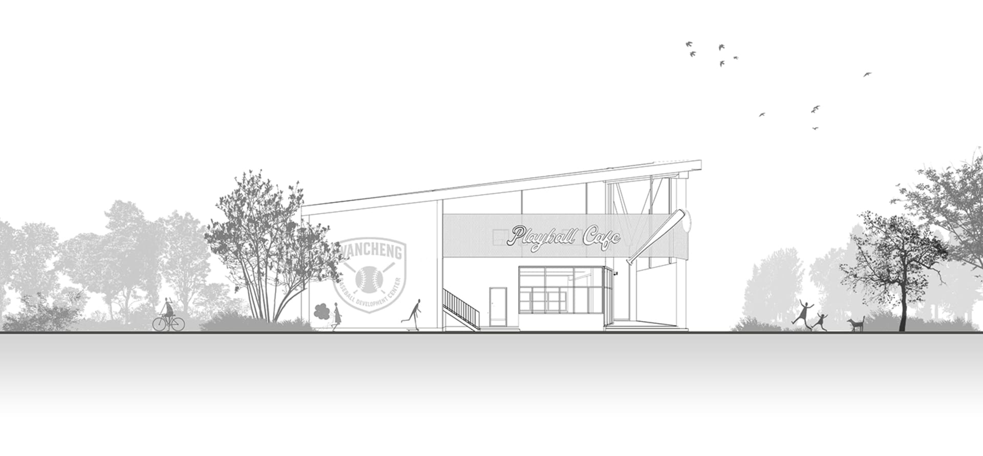 A simple white drawing of a cafe floor plan with a person walking in front of it, showing the layout and measurements of the building