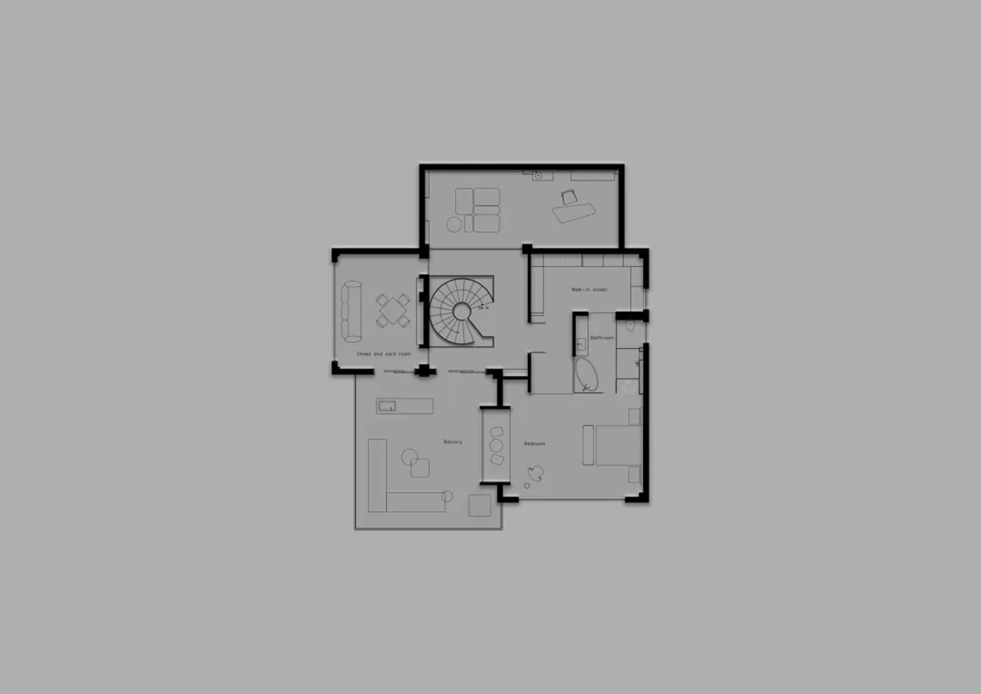 Two-story house floor plan with modern style, concrete construction, and open layout