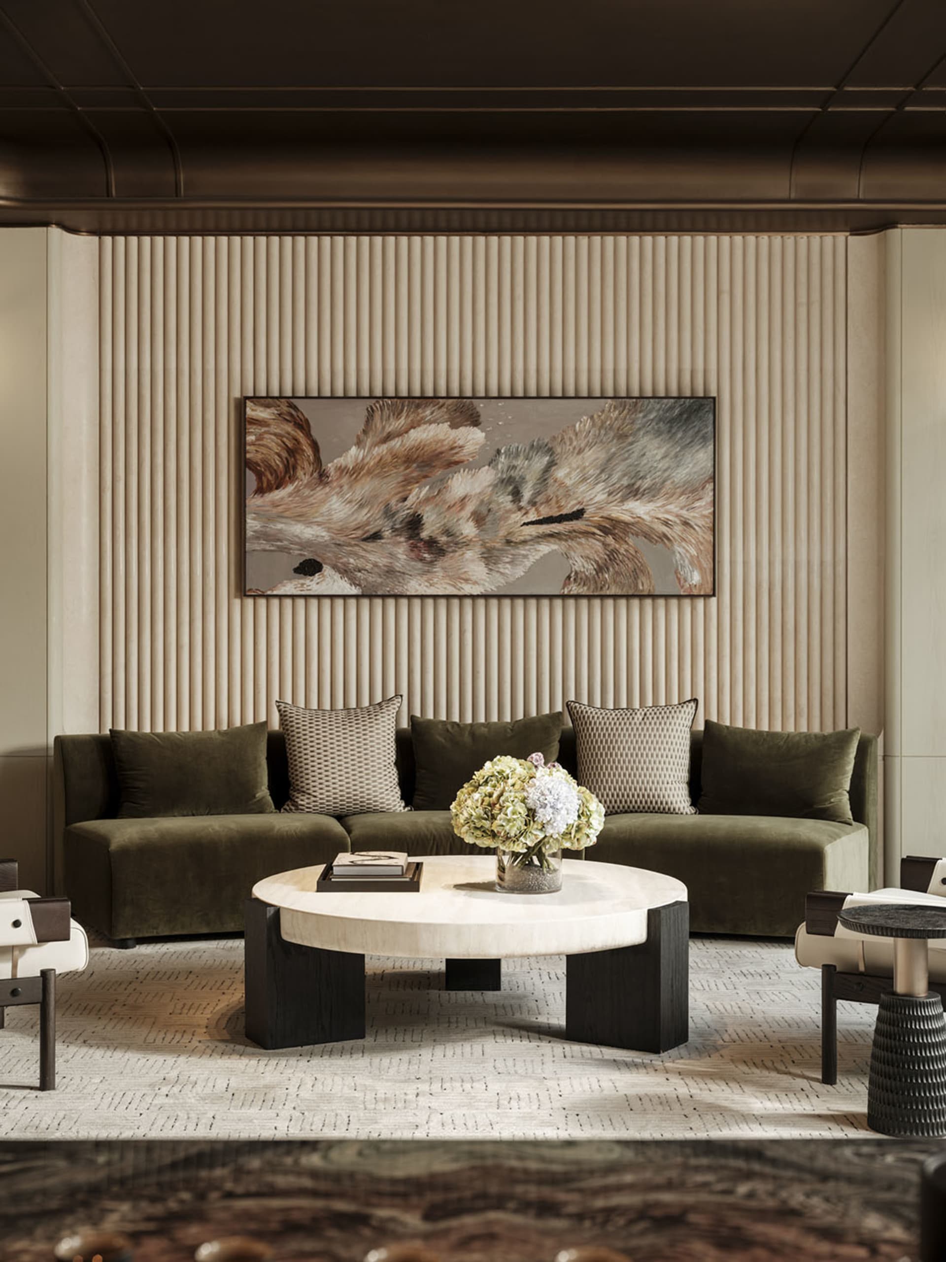 A modern living room with a green sofa, coffee table, chair, and vase, well-lit and inviting