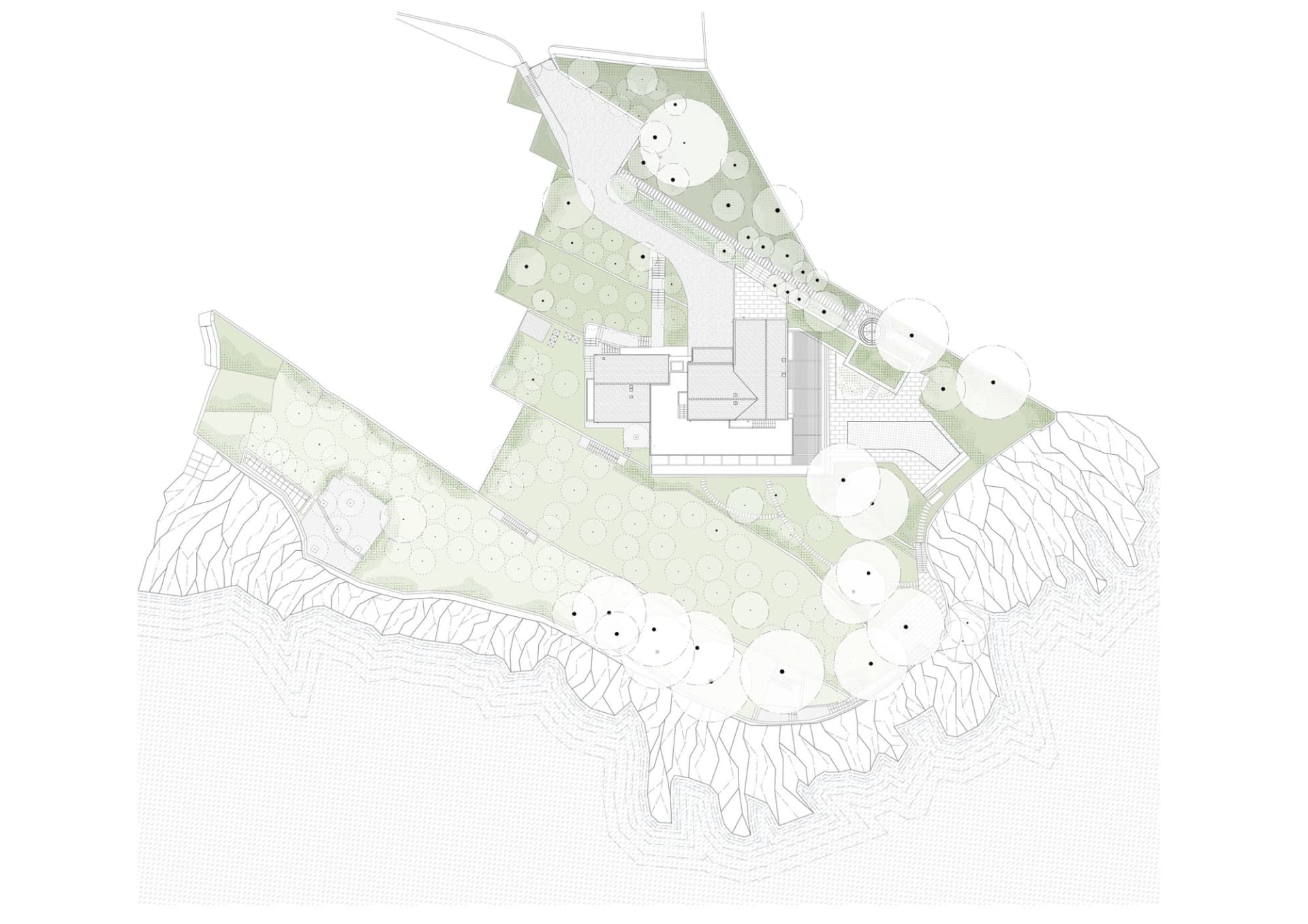 Hand-drawn floor plan of a house with a focus on the outdoor area, featuring a patio and garden with scattered trees and bushes