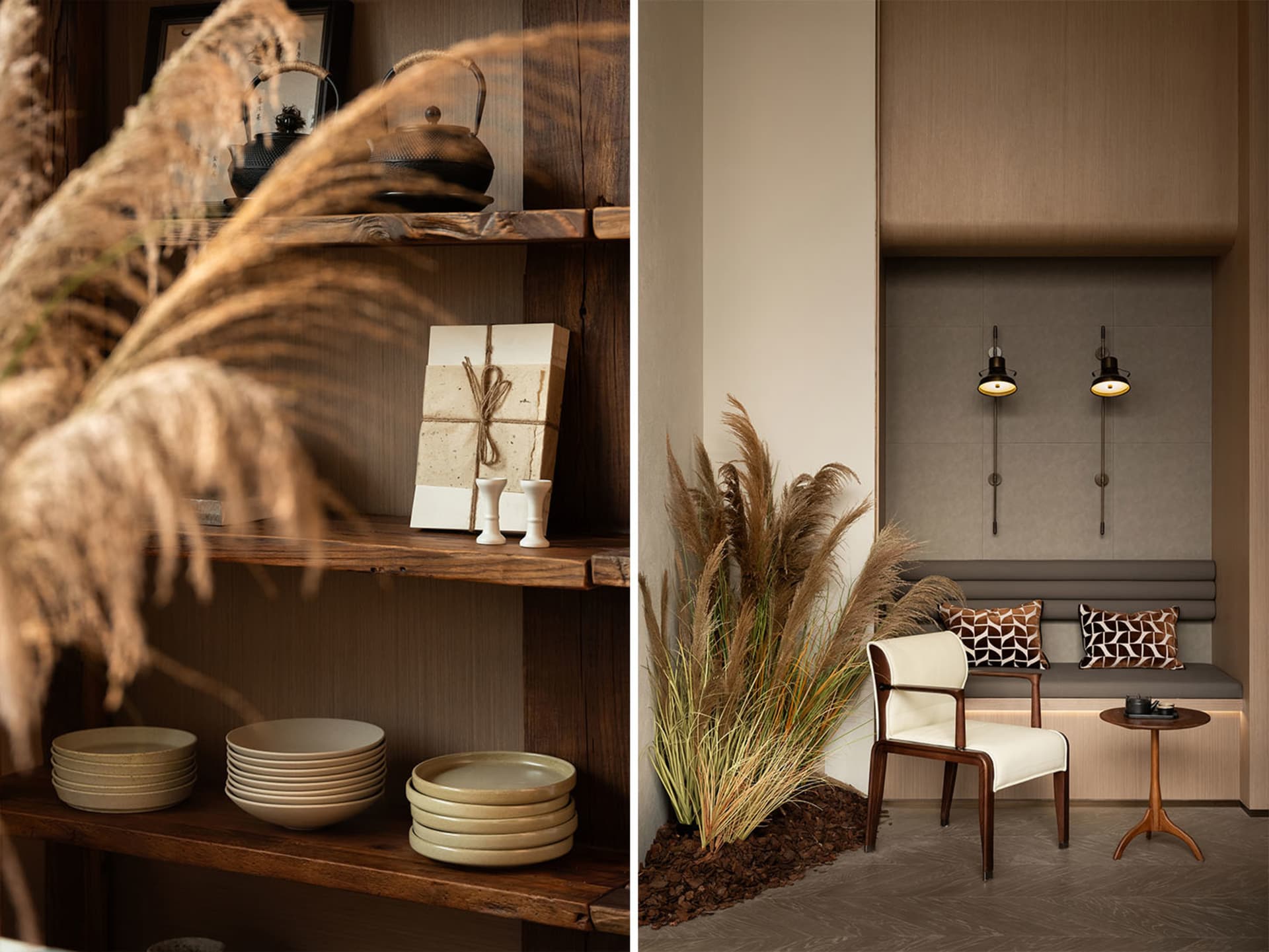 Modern dining and living space with a dining table, chairs, couch, and decorative items, lit by natural sunlight