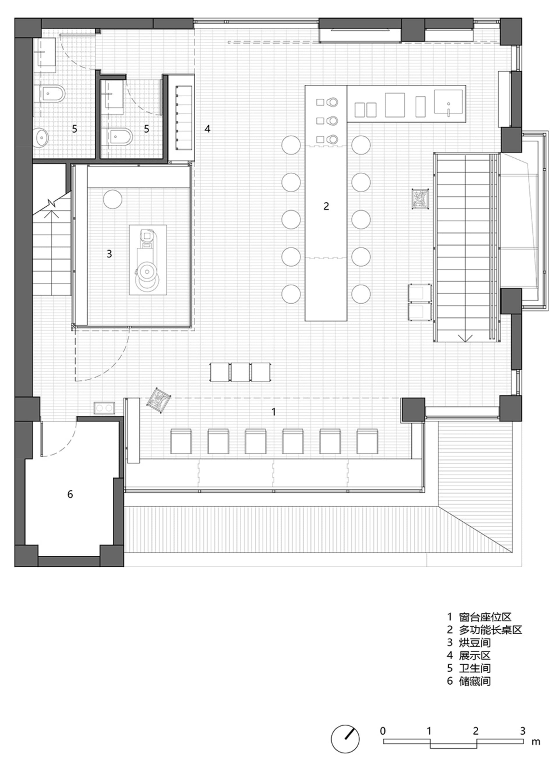 黑白色餐廳設計圖，充足光線的餐桌、椅子、水槽、冰箱和微波爐
