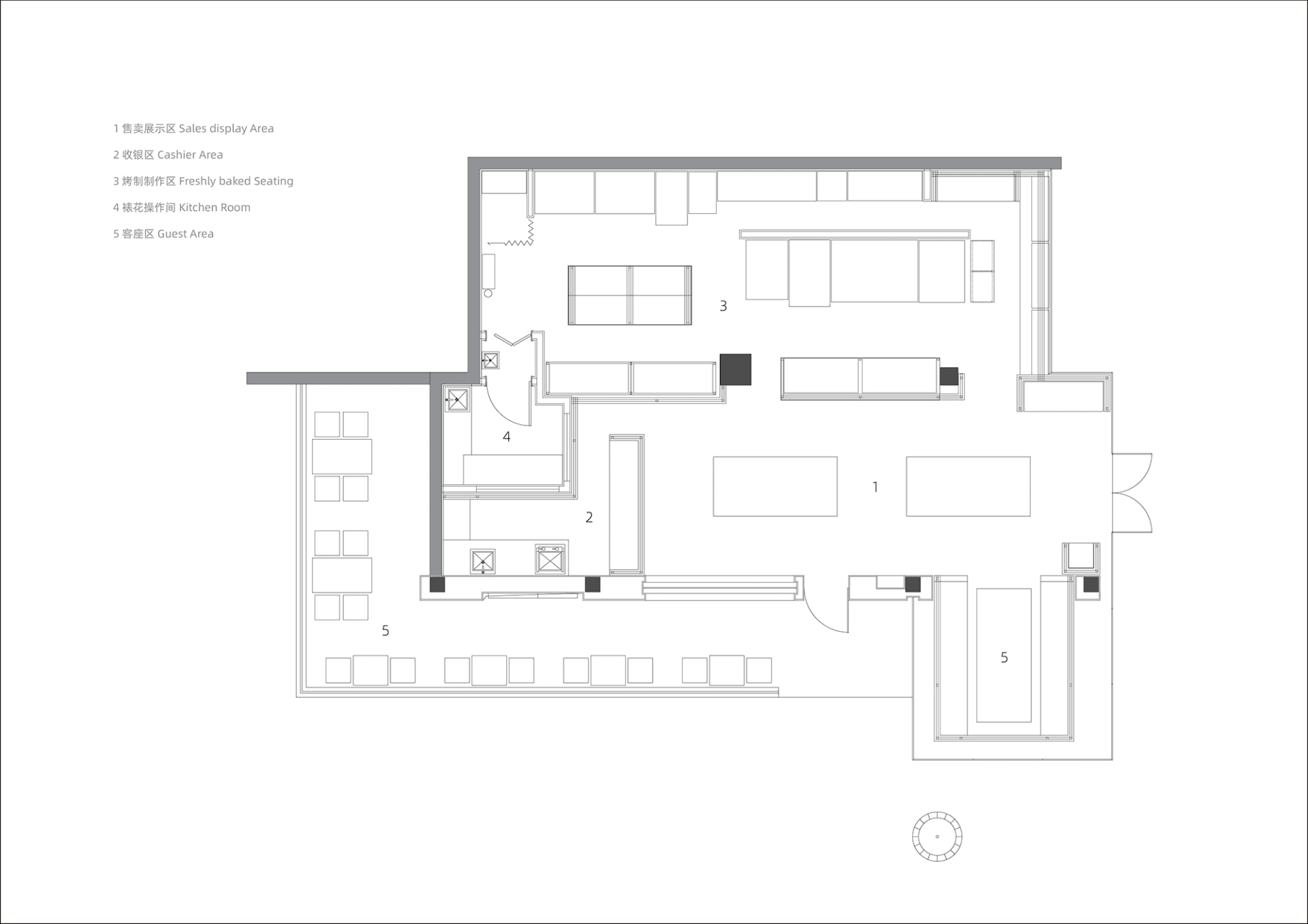詳細的現代樓底圖，描繪了大型開放空間的廚房和餐廳，展示了水槽和餐桌，優雅的照明營造出明亮和親切的氛圍