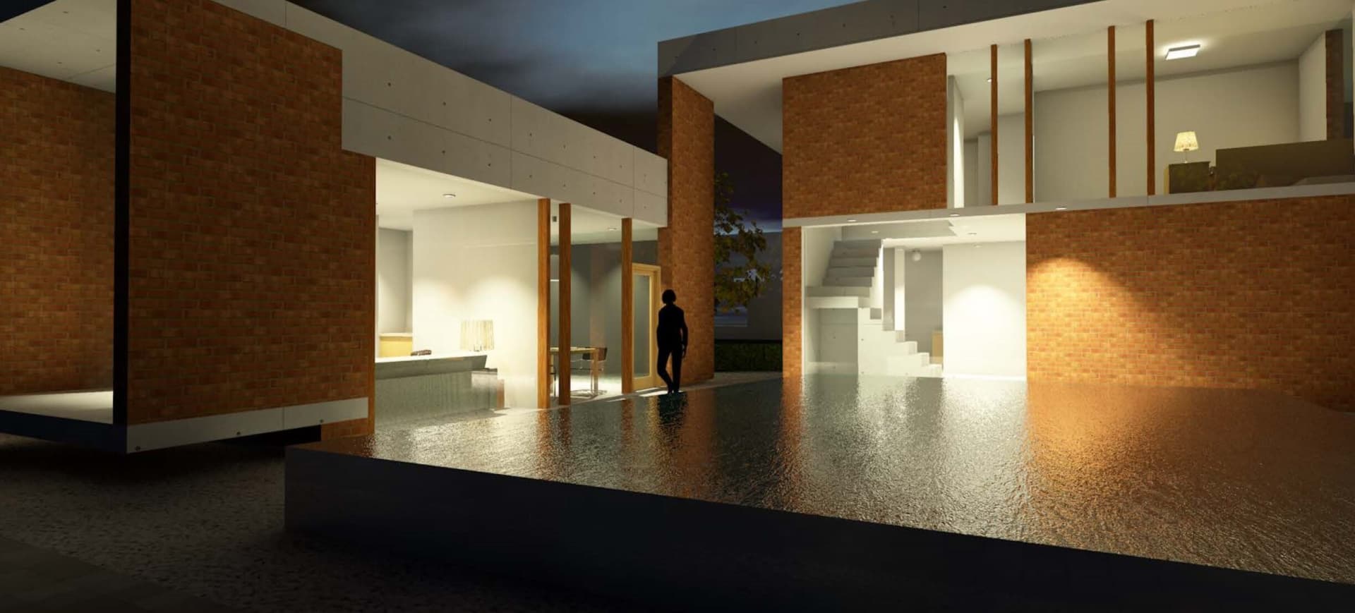 A modern house with a glass door leading to a pool area, surrounded by a deck and a person standing nearby, in a well-lit and inviting atmosphere