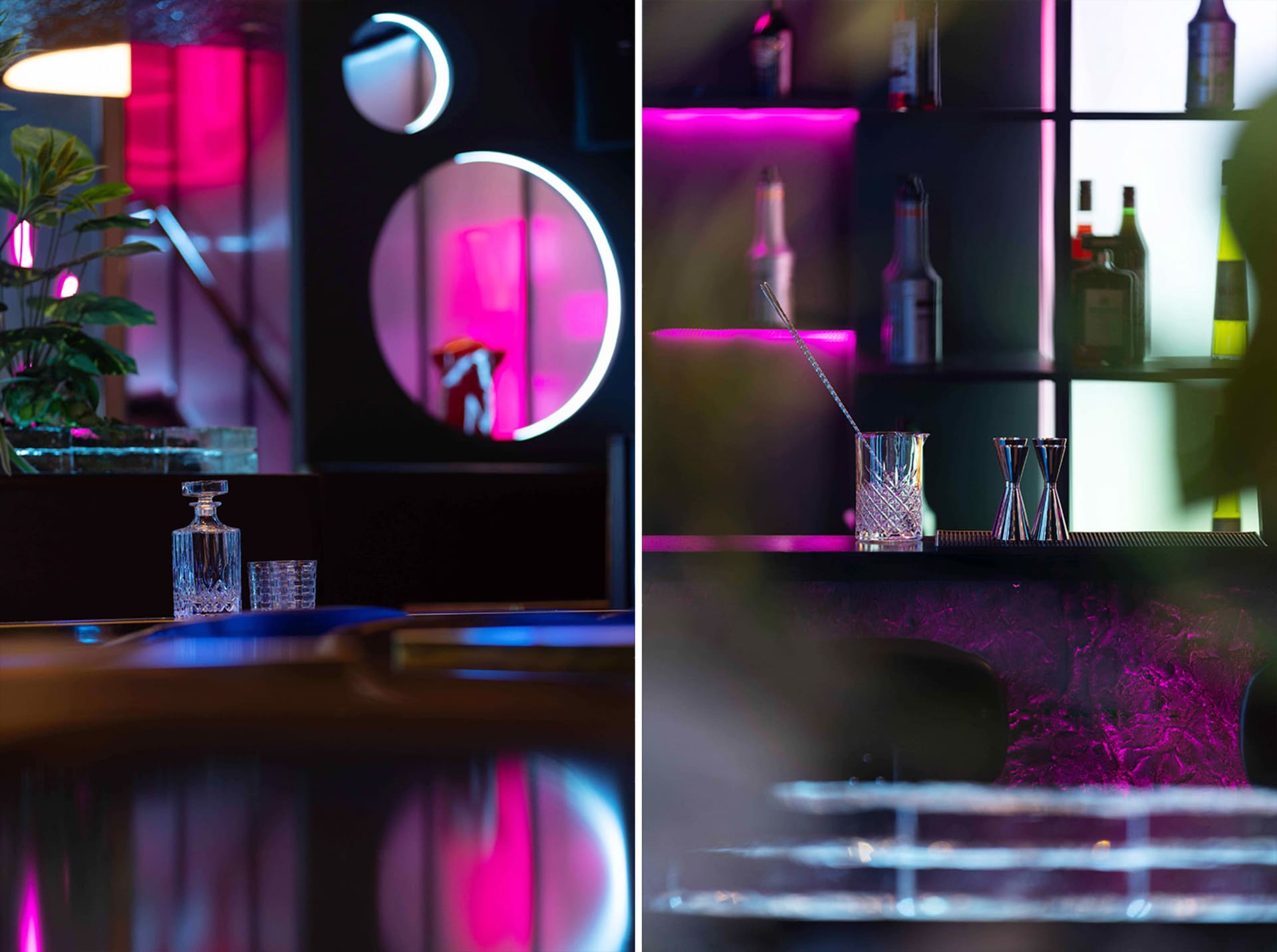 A modern bar scene with pink lighting, bottles, and glasses on the counter and around the bar area, creating a warm and inviting atmosphere