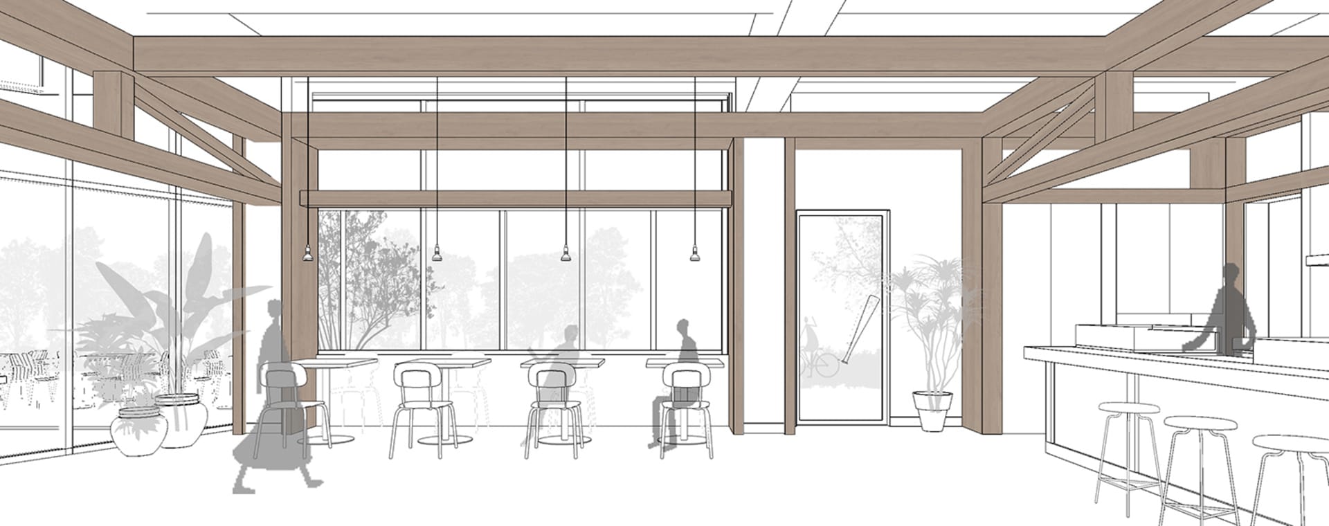 2D floor plan of a modern restaurant with wood and glass materials, featuring a dining area with tables and chairs, and natural lighting from windows