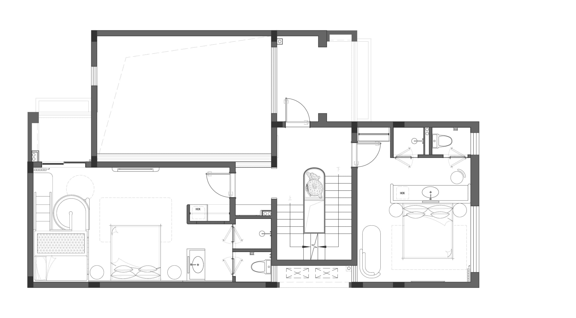 白色和黑色住宅平面圖，清晰的線條和標籤，展示了一個寧靜且有組織的佈局，有效利用空間