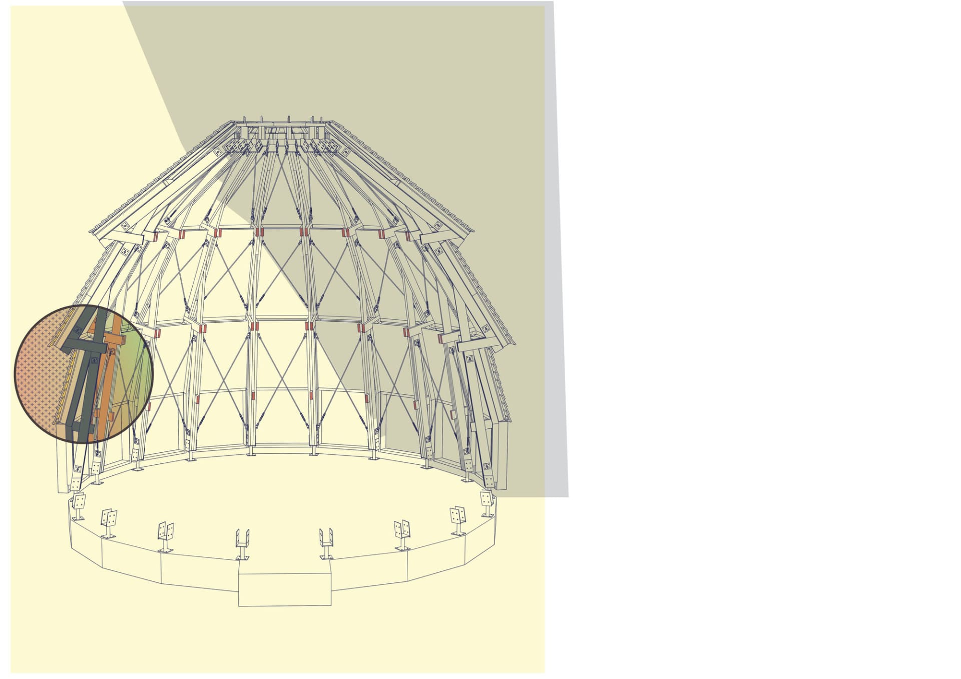 A modern building with a dome-shaped structure, a wooden exterior, and a metal dome, set in a brightly lit environment with the sun shining on it