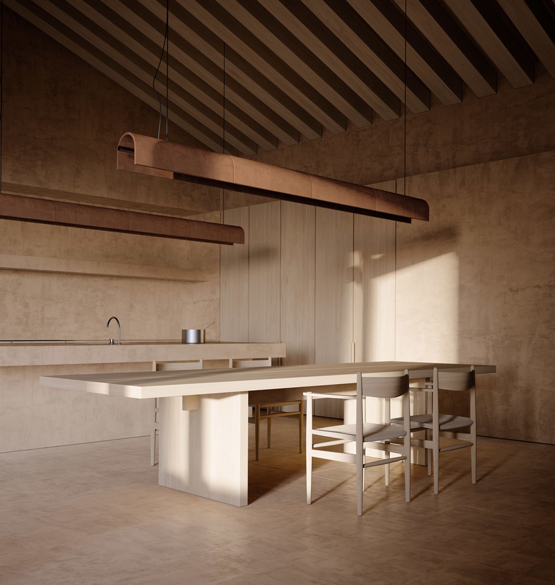 A modern kitchen with a wooden table and chairs, dim lighting, and a predominantly white space