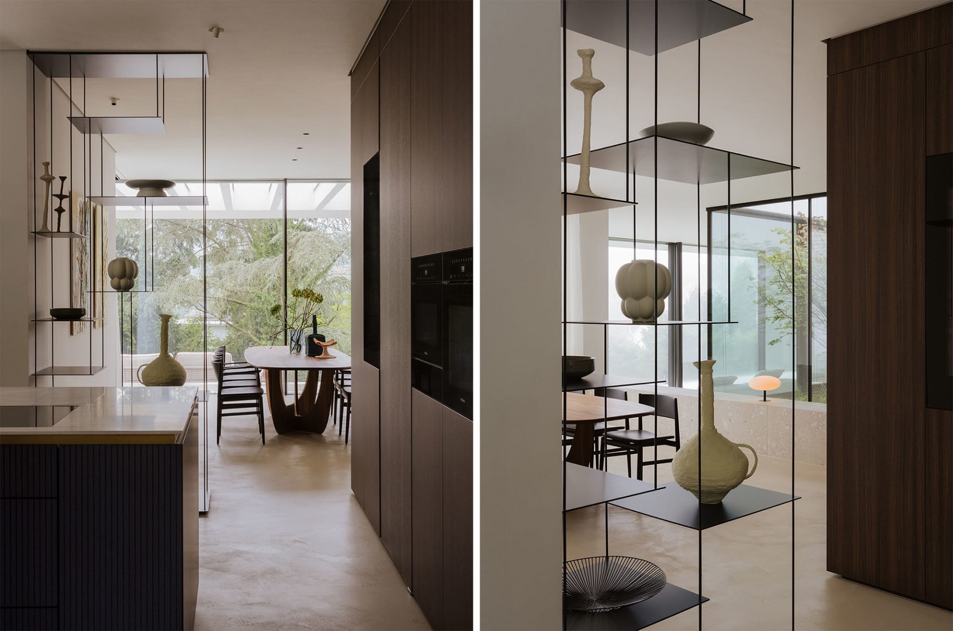 Modern kitchen with dining area, white surfaces, natural light, and various appliances