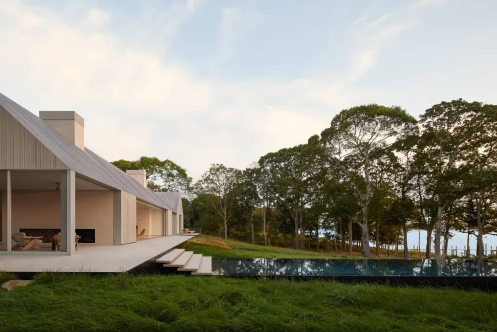 A modern house with a large pool surrounded by trees in a grassy area
