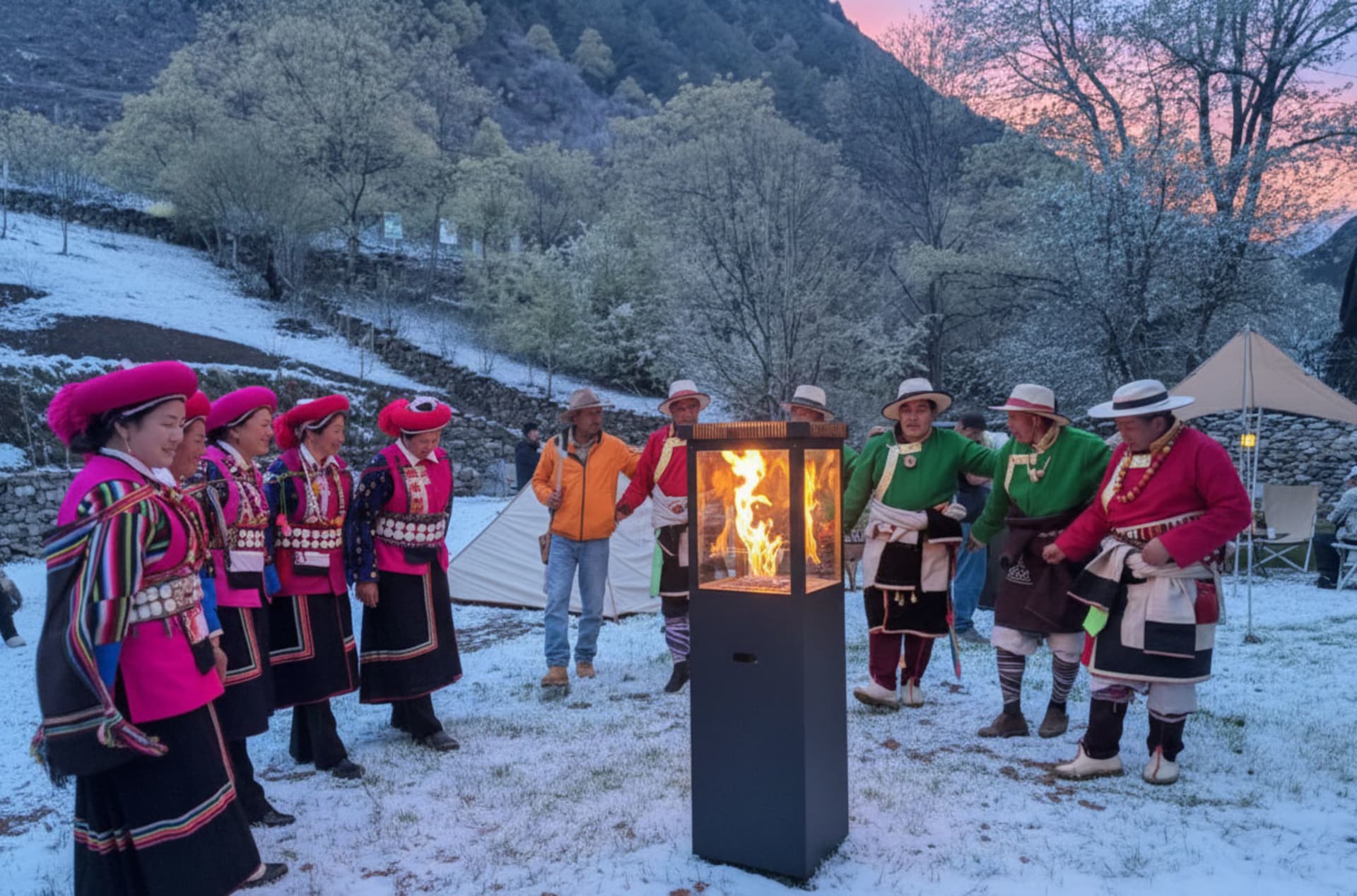 A group of people gathered around a fire pit in a snowy outdoor setting, surrounded by trees and natural scenery