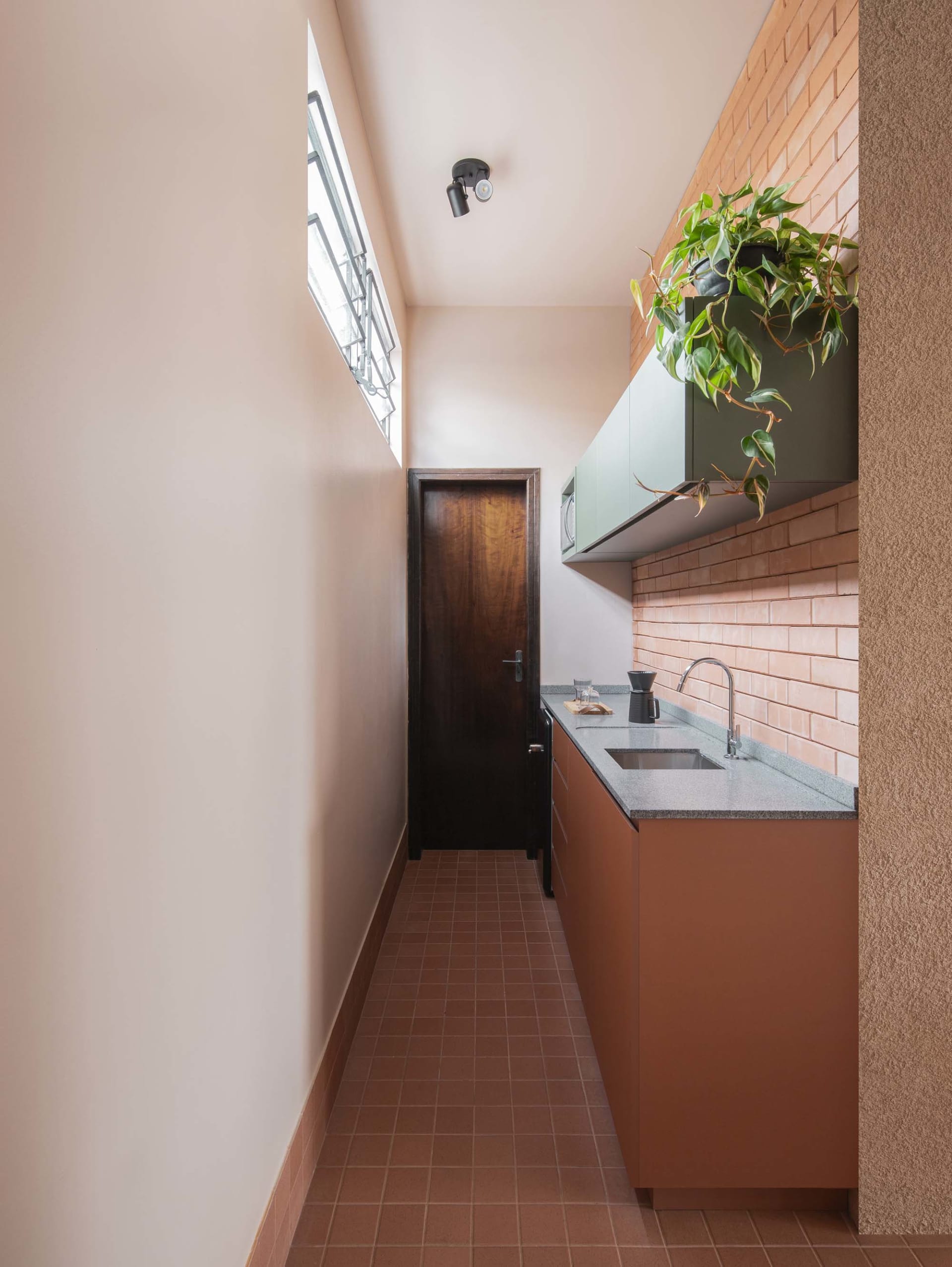Small kitchen with a brown cabinet, sink, and potted plant, featuring natural light from a window above the sink