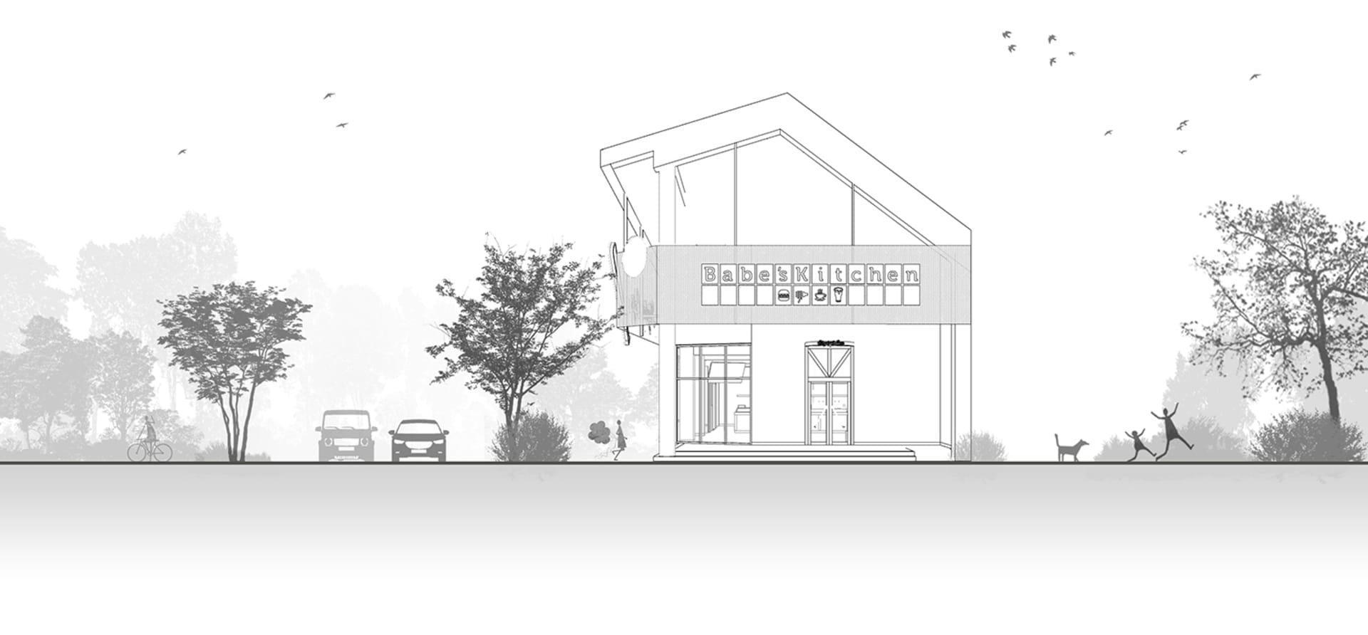 一間現代的建築，背景是一片白色，正前方有大玻璃窗、門和樹木