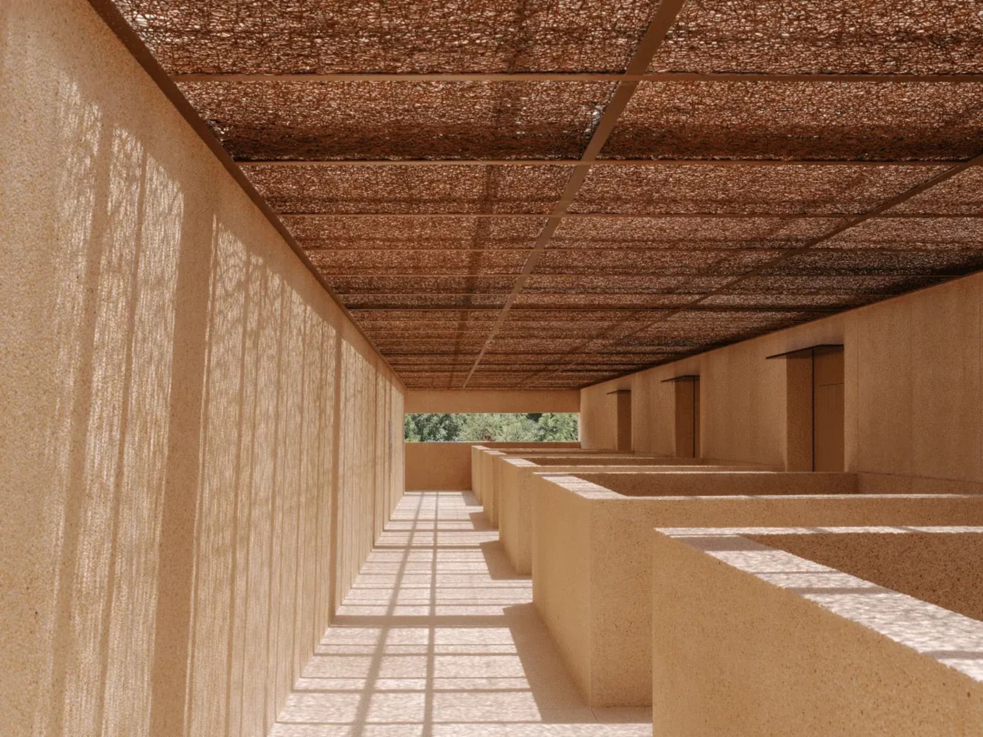 A bright and inviting hallway with a row of rooms, including a kitchen and dining area, lined with wood and stone materials