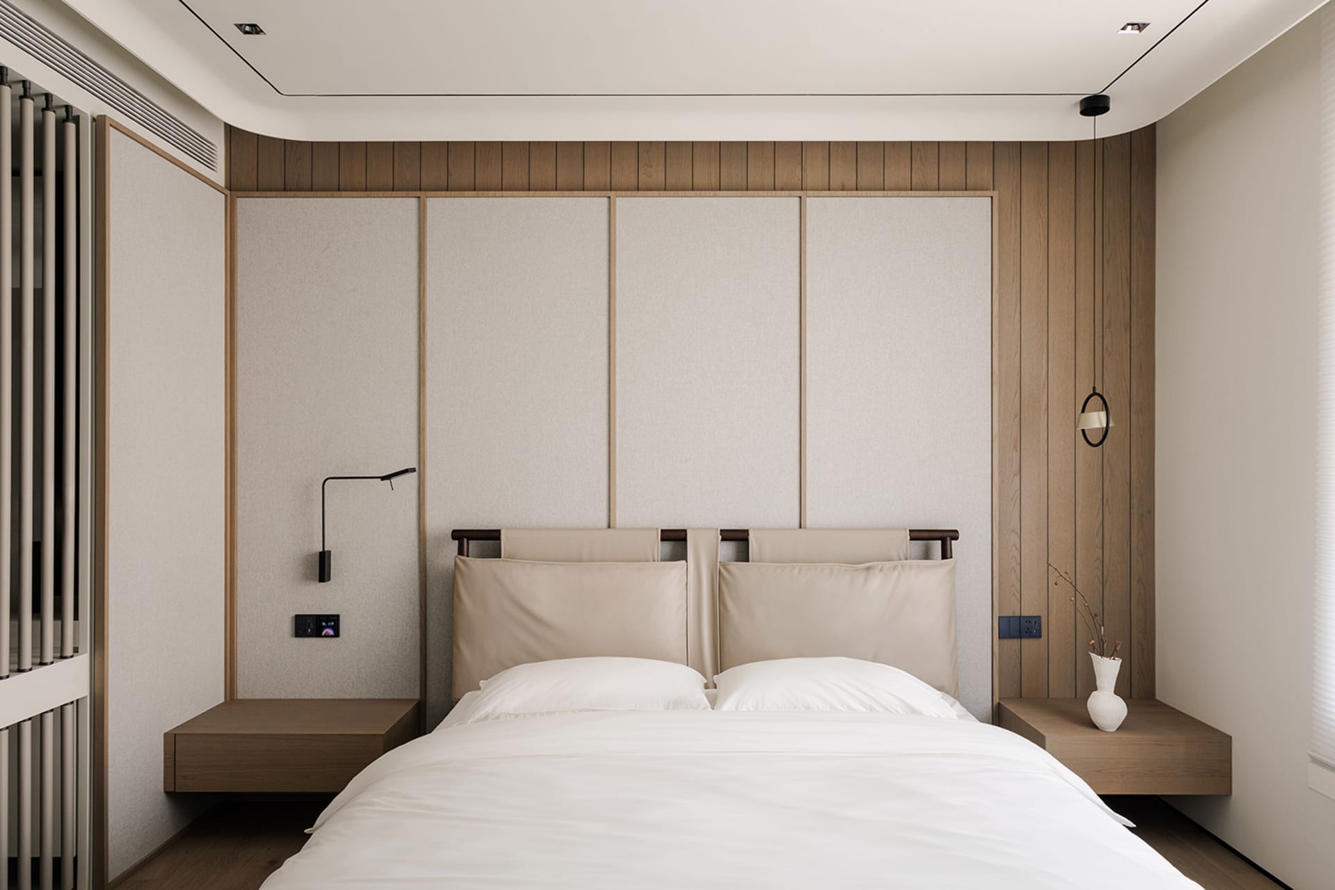 Cozy bedroom with a wooden bed, nightstands, and a wooden headboard, featuring a simple and functional design
