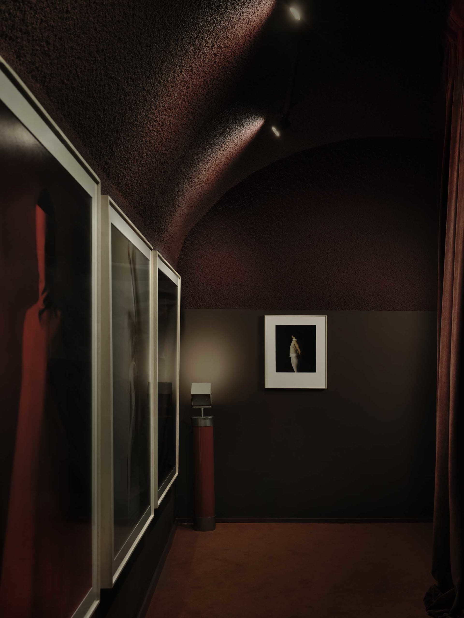 A dimly lit hallway with a red wall, lined with pictures and a painting, creating a moody atmosphere