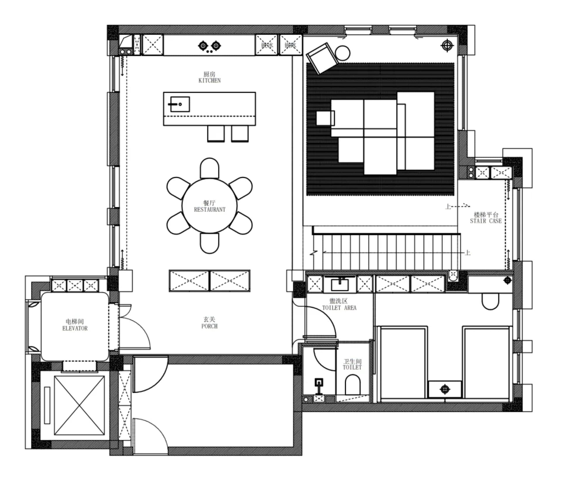 Black and white floor plan of a house with minimalistic layout, room outlines, labels, measurements, and symbols