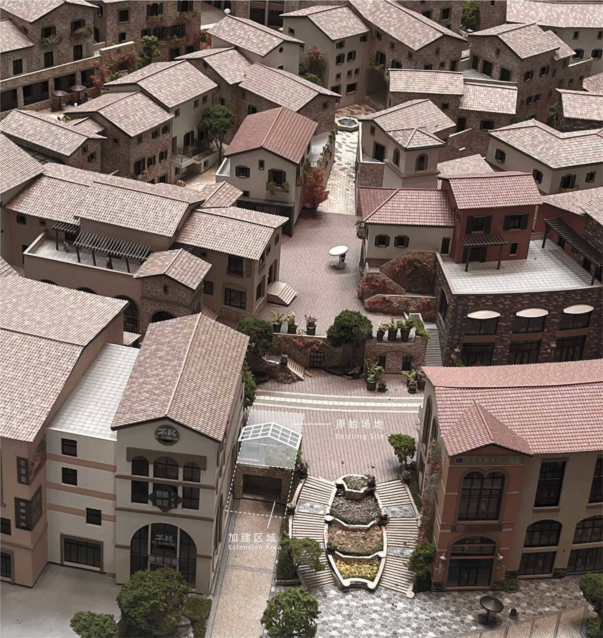 A bustling city scene with a mix of brick buildings in red and brown tones, set in a vibrant urban environment with natural sunlight and a lively atmosphere