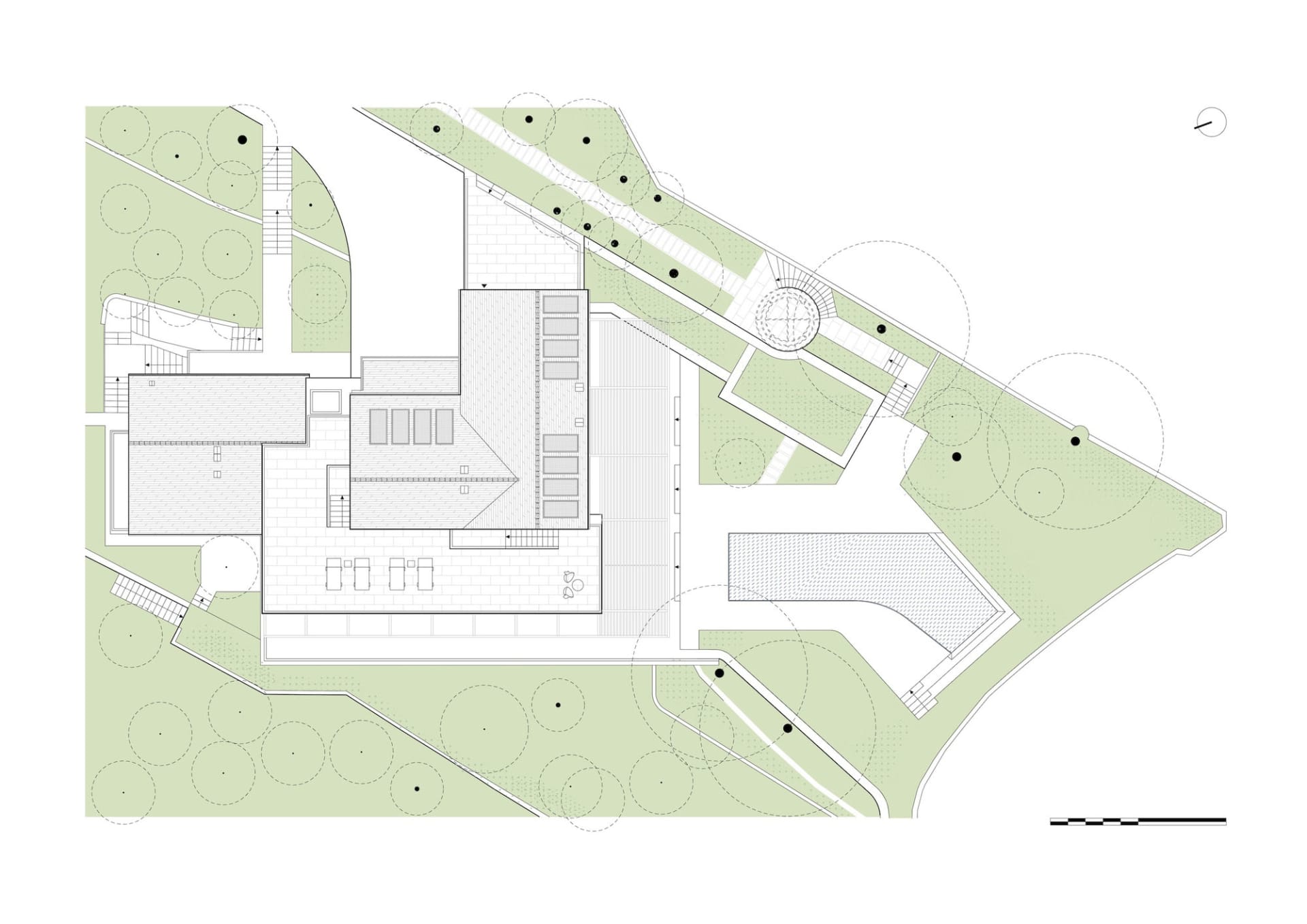A simple 2D floor plan of a house with a natural setting, surrounded by trees, with sunlight shining on the building, highlighting its traditional and rustic features
