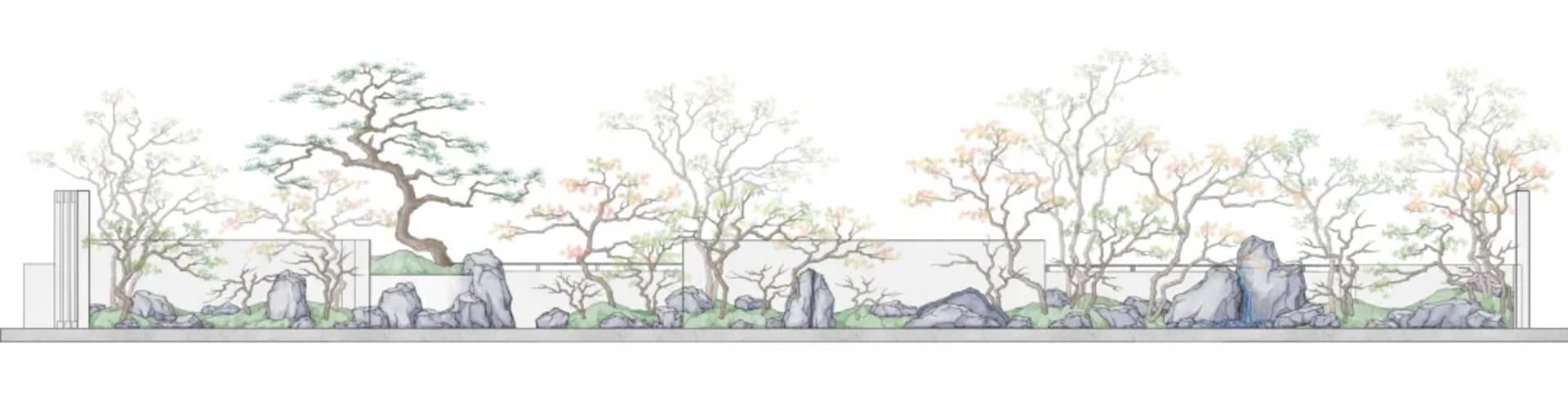 a serene garden scene with a large tree, small tree, and rock wall, surrounded by natural elements
