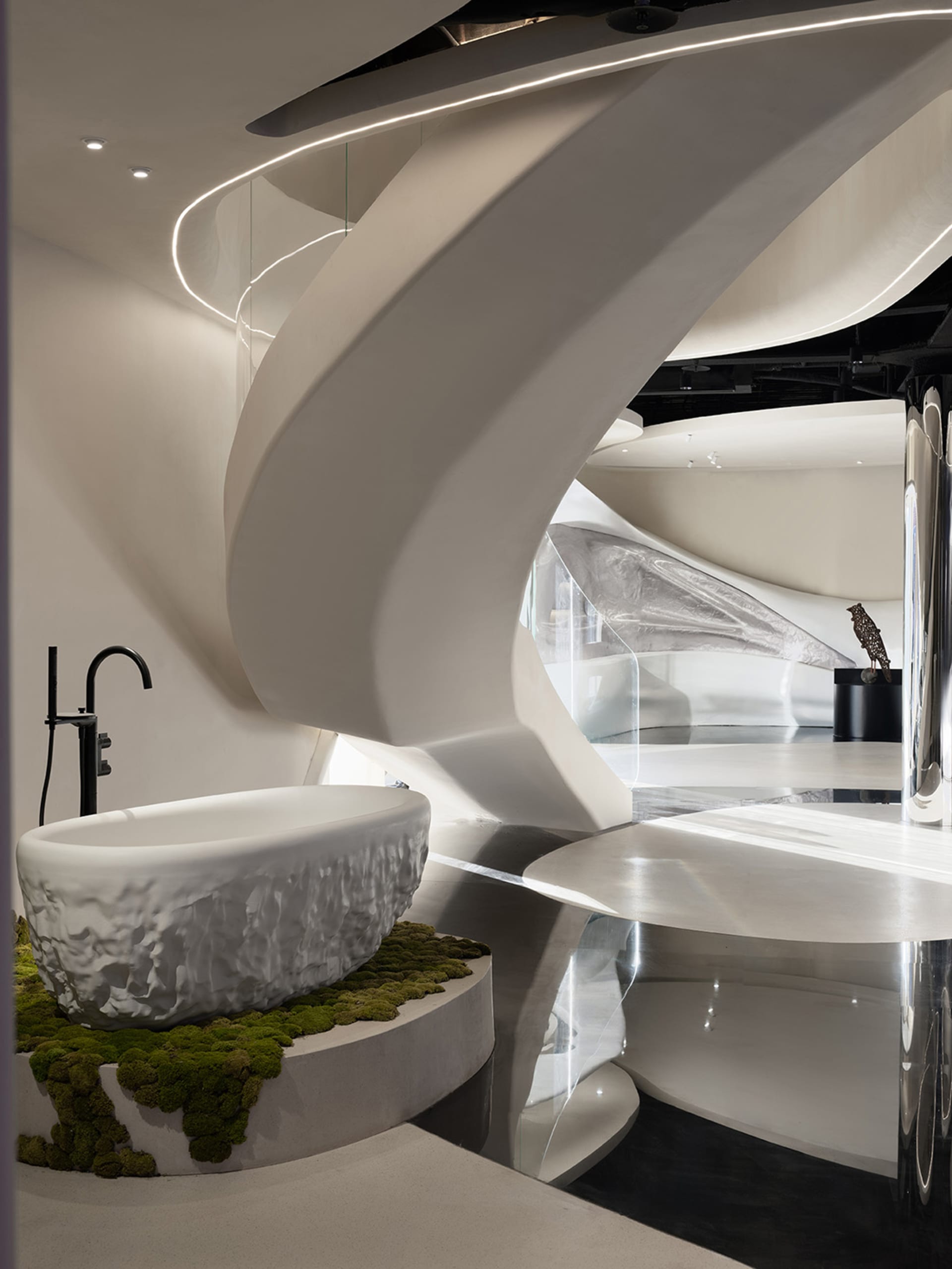 A minimalist bathroom with a white color scheme, featuring a large bathtub, sink, and mirror, with natural light coming in through the windows