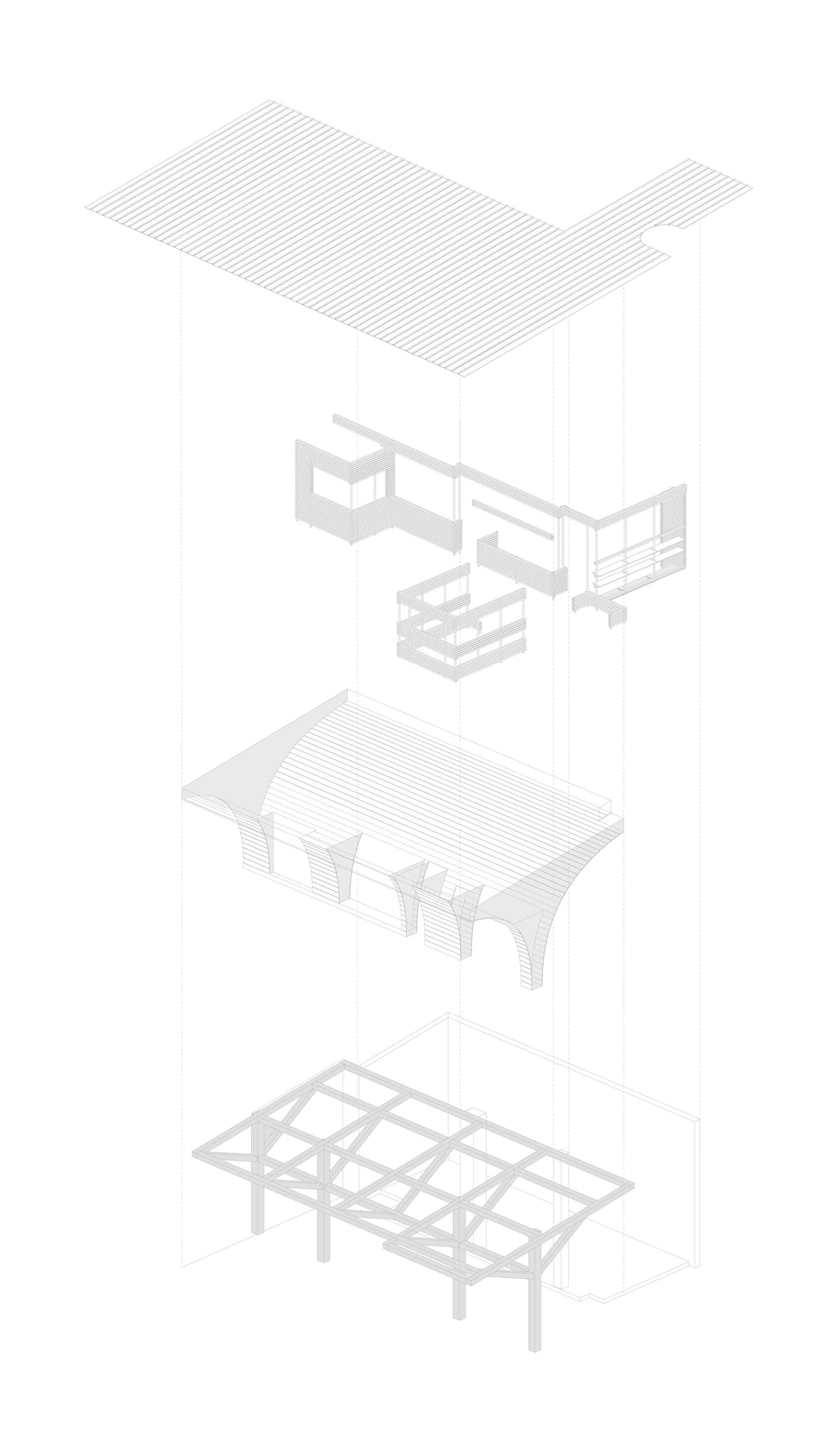 A simple white drawing of a building with a roof, windows, and a door, featuring minimalistic linework and labels