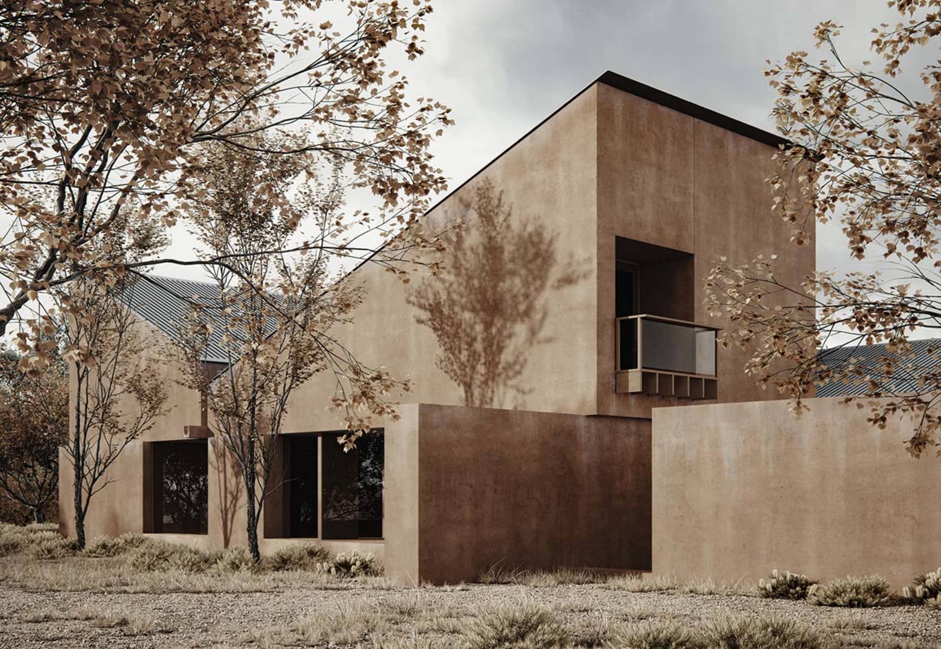 A modern house with a brown exterior, large window, and balcony, surrounded by trees, with natural light and a serene atmosphere