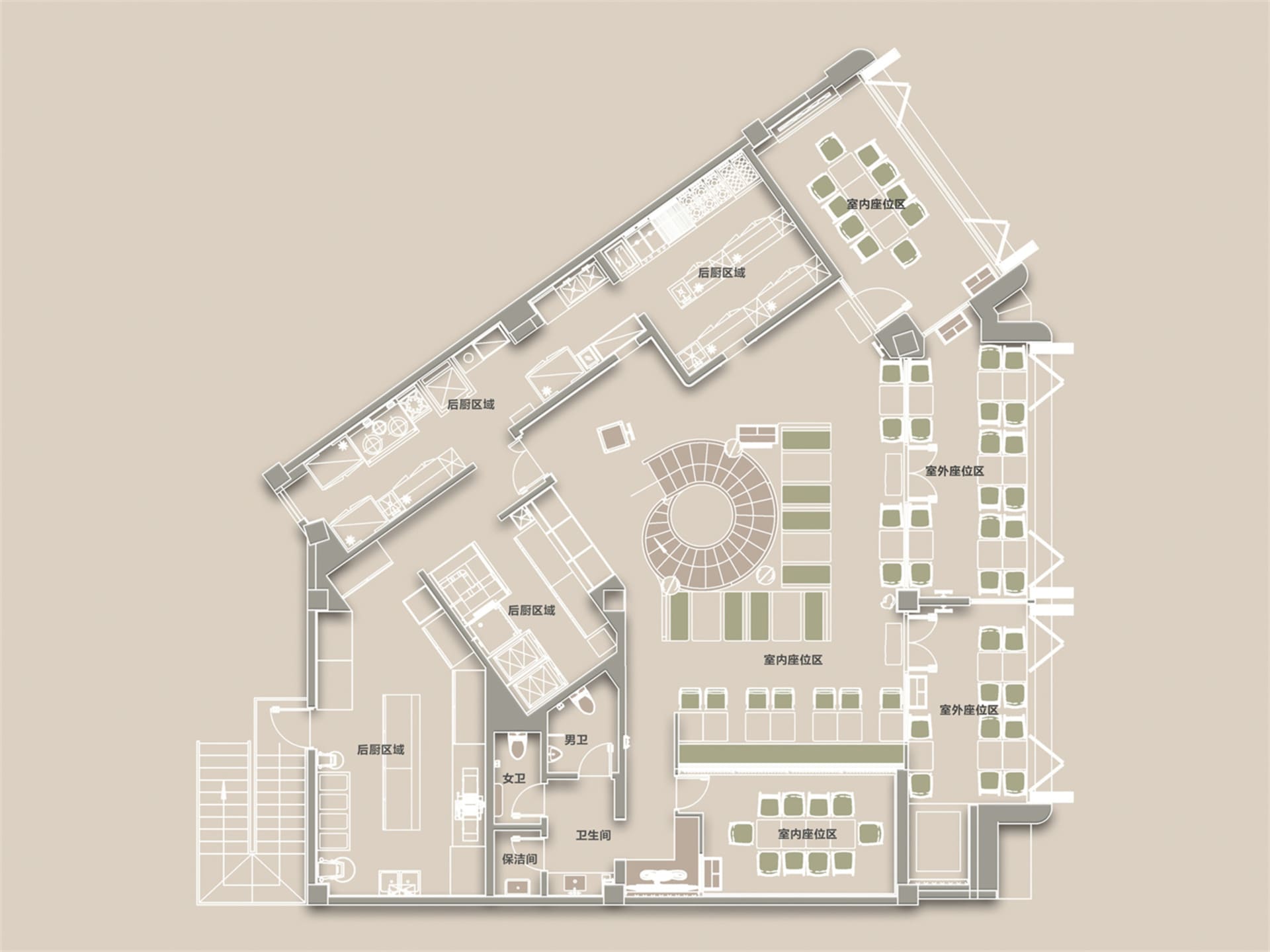 一間大型開放式餐廳空間的設計圖，包含多個椅子和桌子，以及一個圓形的中央聚會區，簡潔的線條和簡約的裝飾