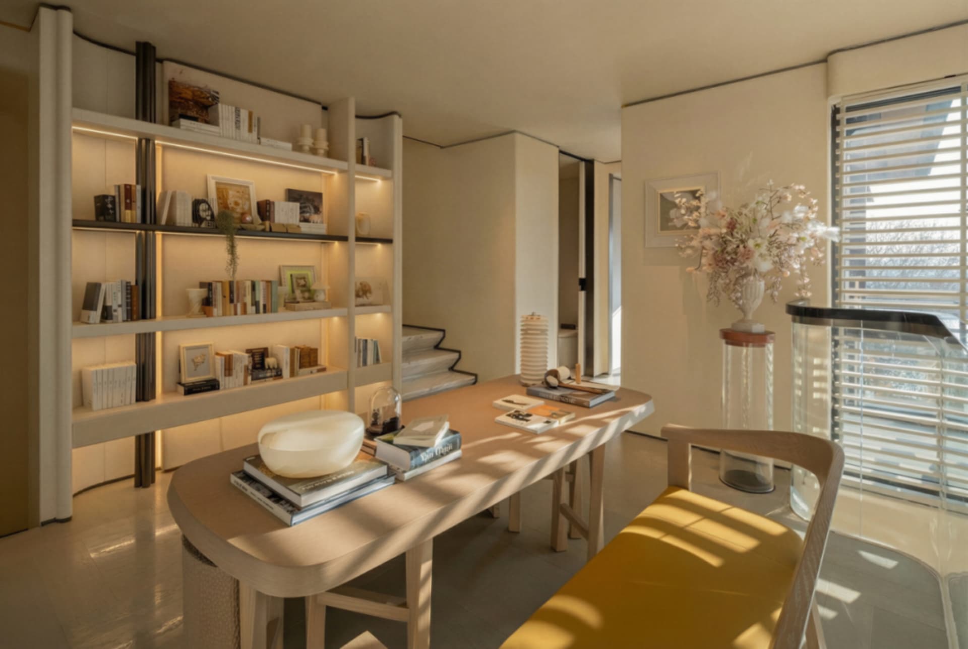 Cozy living room with a wooden table, yellow couch, bookshelf, chair, and bed, well-lit with natural light