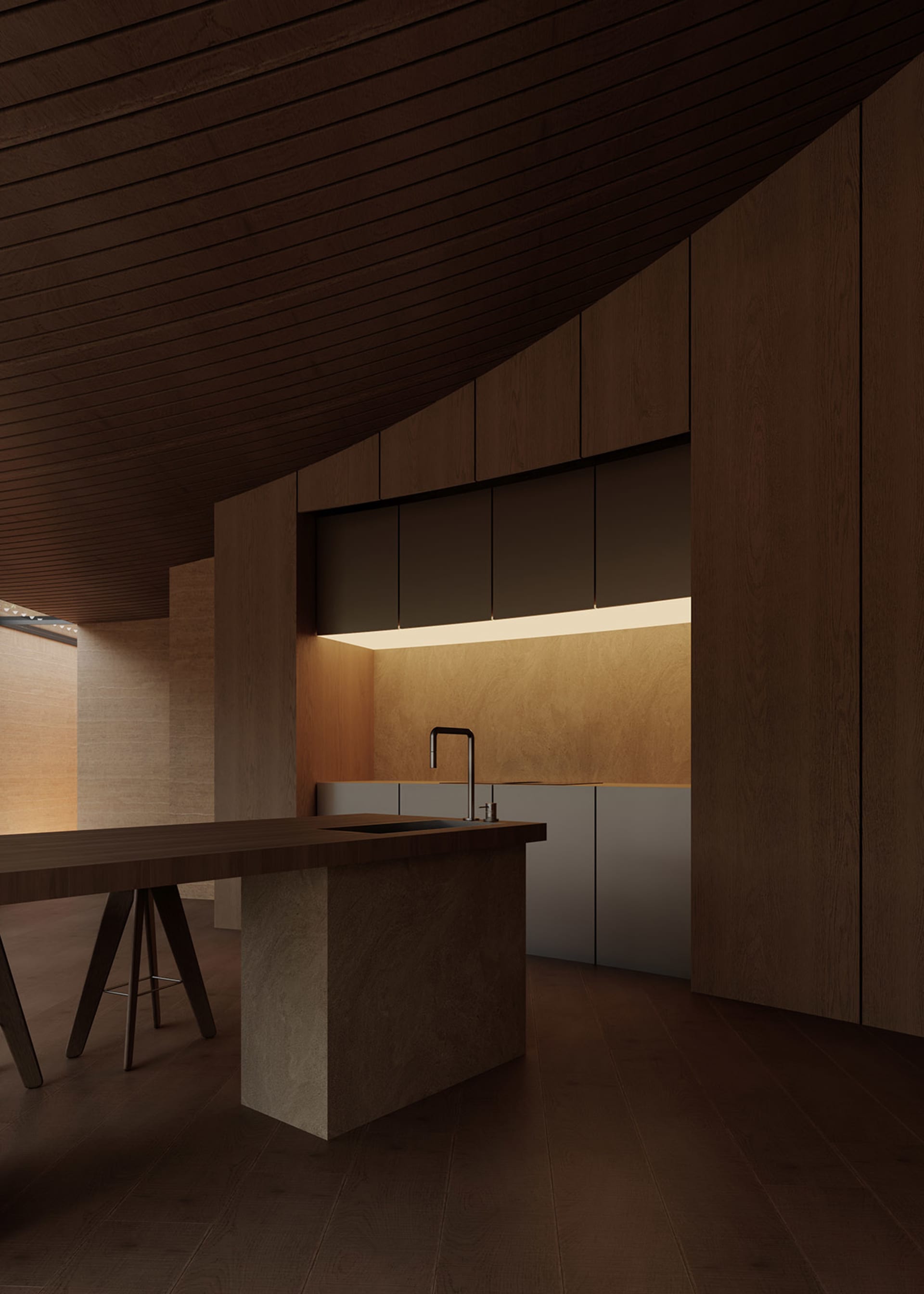 Wooden kitchen with a dining table, wooden counter, and dim lighting creating a cozy atmosphere