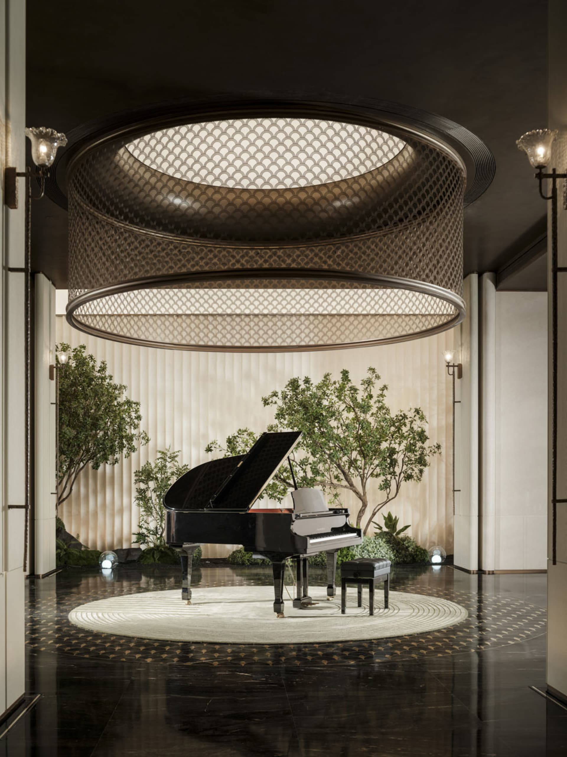 A cozy room with a grand piano, surrounded by potted plants and a rug, creating a warm and inviting atmosphere