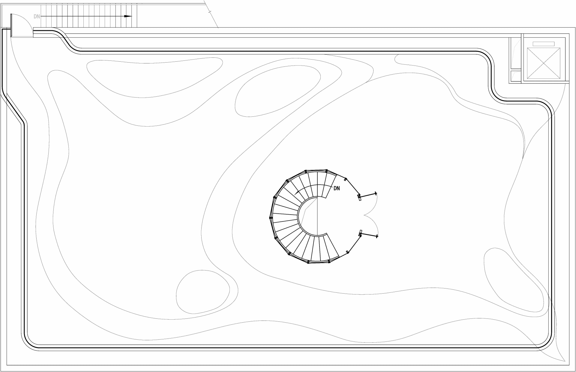 Black and white floor plan of a circular lobby with a spiral staircase in the center, surrounded by a circular area