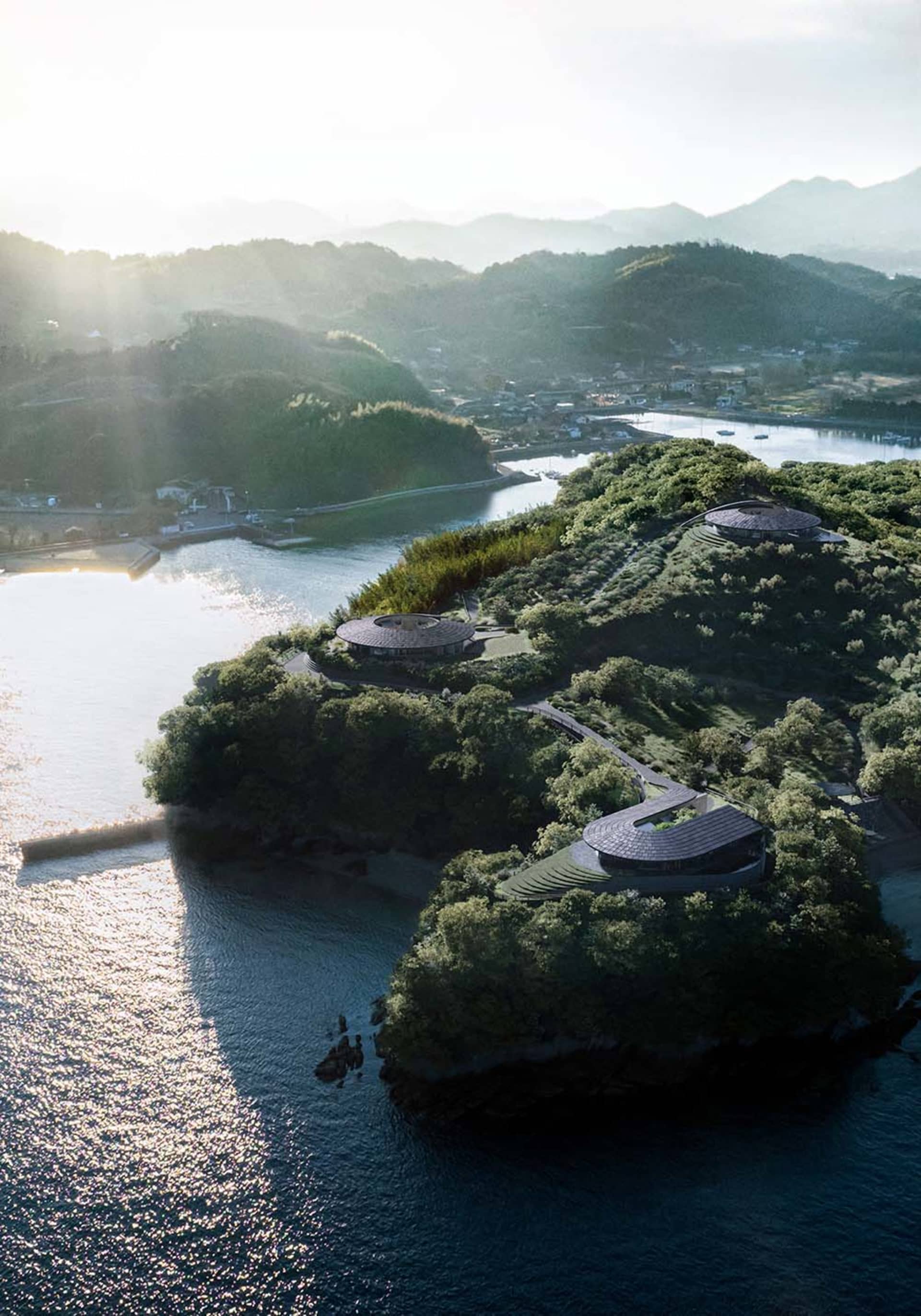 A serene island house with a house on top, surrounded by a body of water and a mountain in the background, blending natural and man-made elements