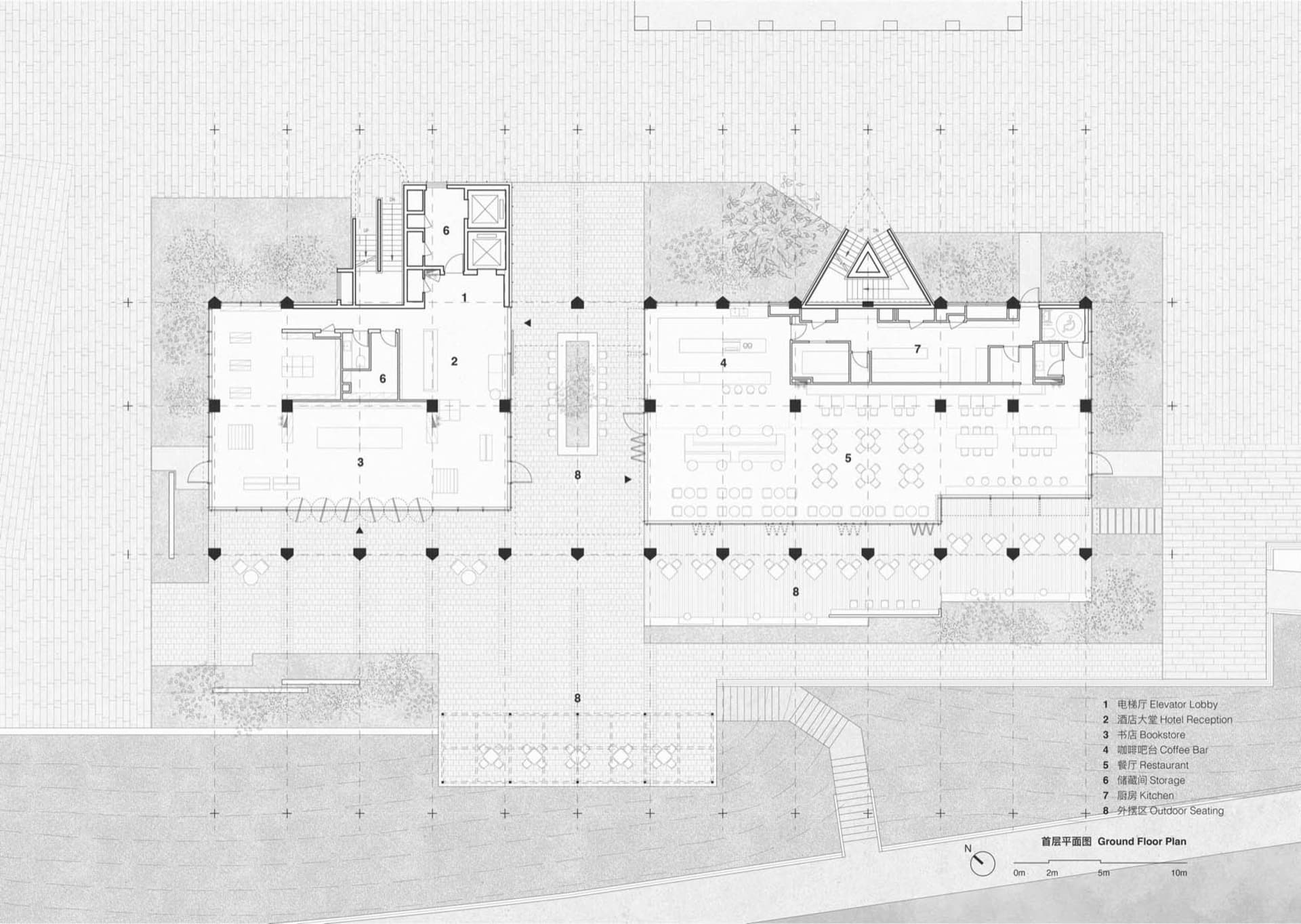 一棟現代建築的2D平面圖，展現了大型餐廳區域、廚房、客廳和臥室，結合清潔線條、簡約設計和白色材料