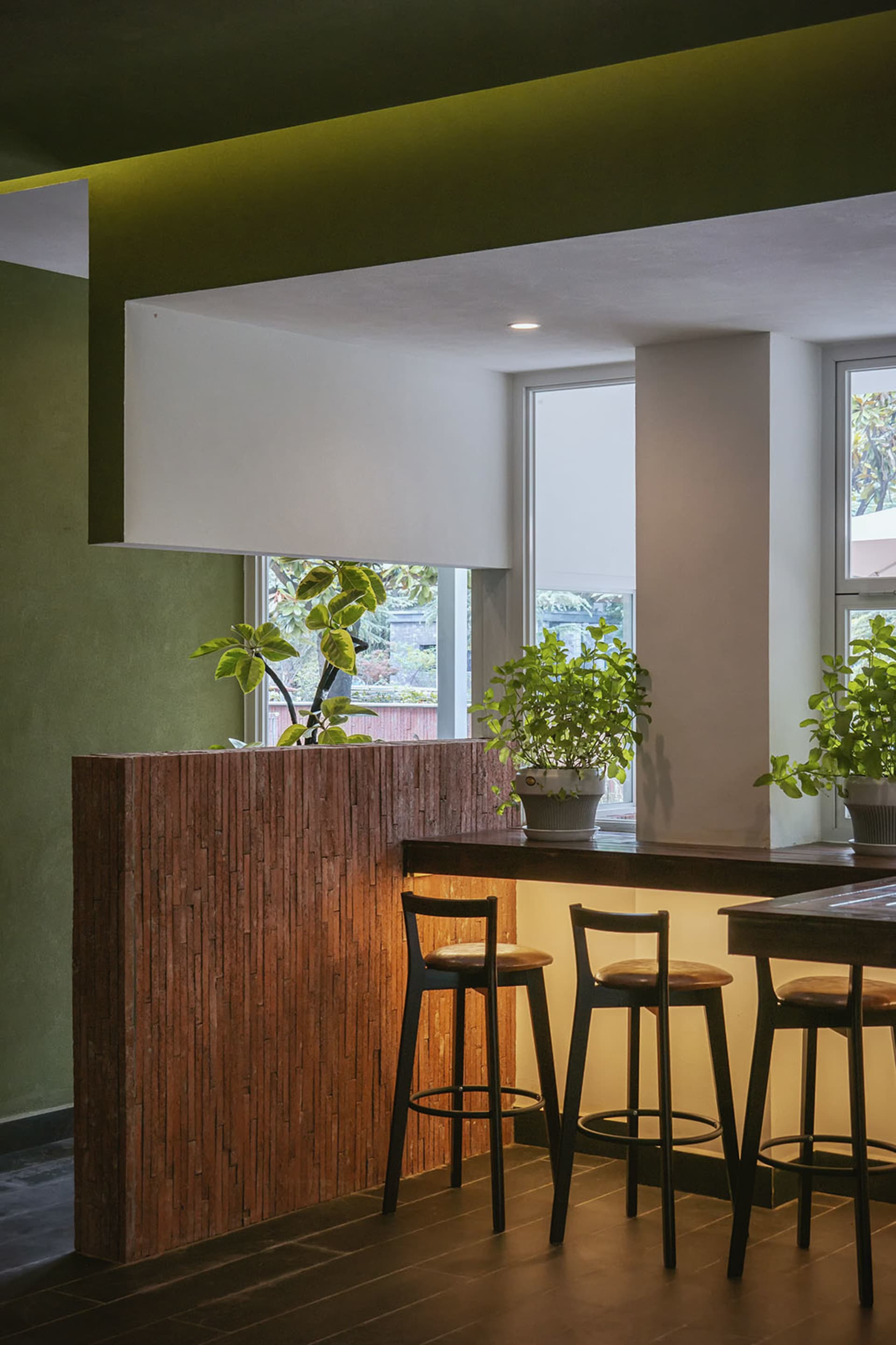 Warm and inviting kitchen with a wooden countertop, potted plants, and natural light from a window