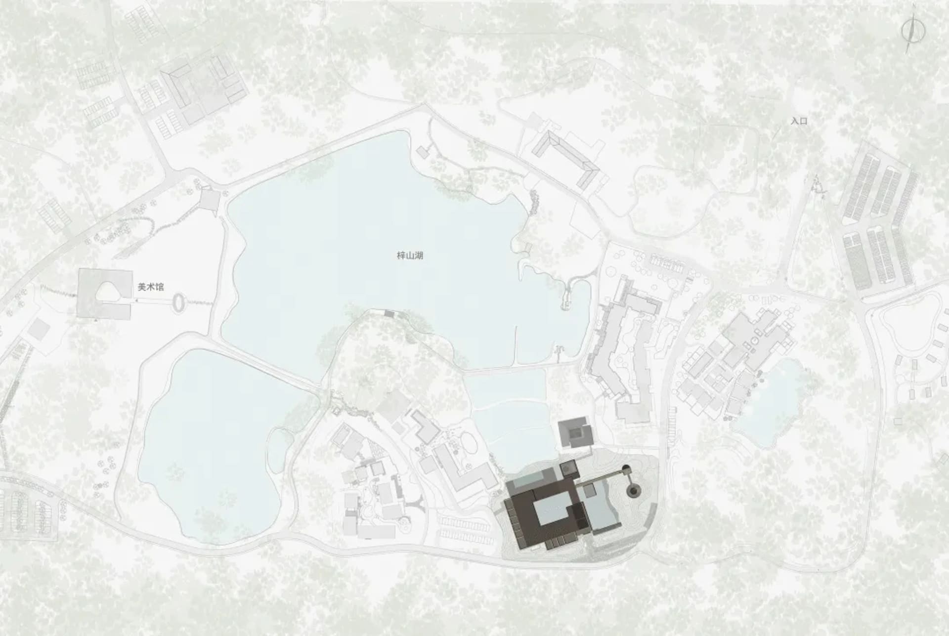 A simple white drawing of a building with a lake in the foreground, featuring a large building and a smaller building nearby